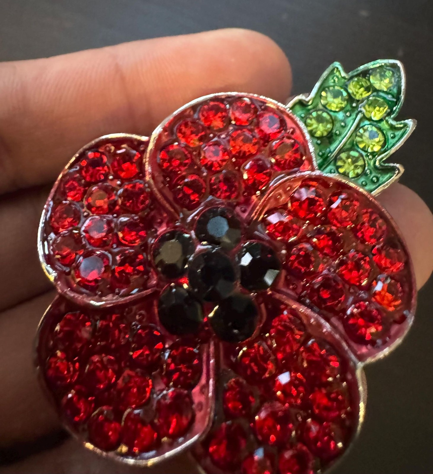 Vintage Red Poppy Flower Black Crystal Rhinestone Brooch Pin B22