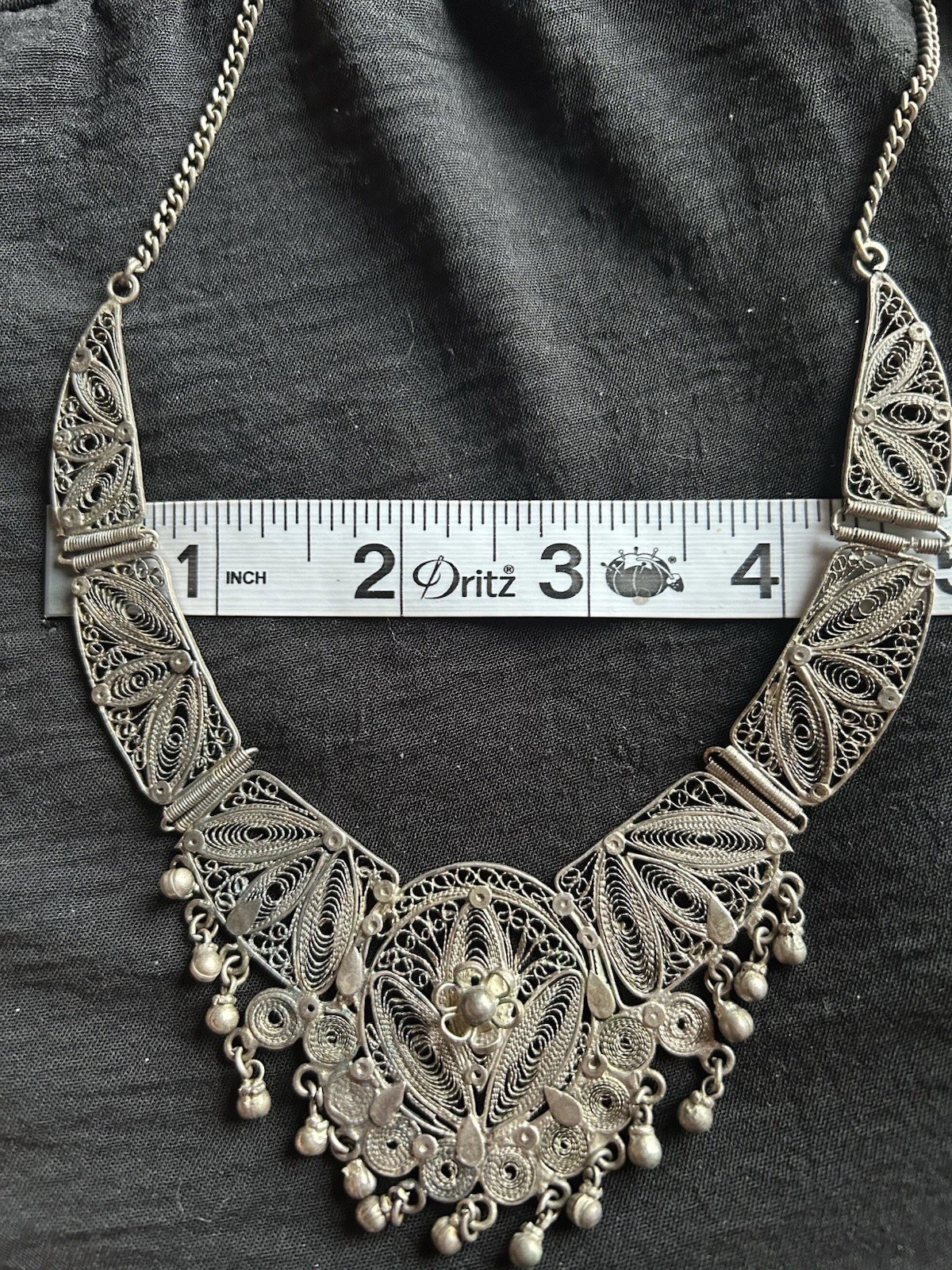 VTG Rare Spun Silver Filigree Artisan Flower Dangle Bib Statement Panel Necklace