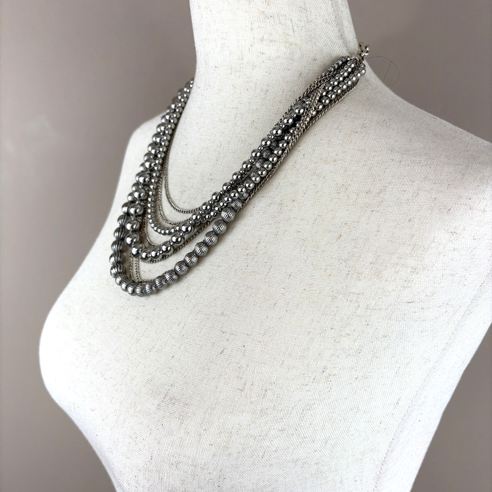 Premiere Designs Brutalist Style Silver Bead & Multi-Chain Statement Necklace