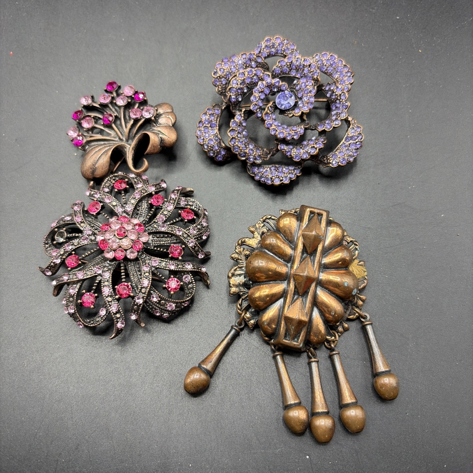 Lot Of 4 Vintage Bronze Finish Brass Brooch Pin Purple Pink Red Kaywin Nov *READ