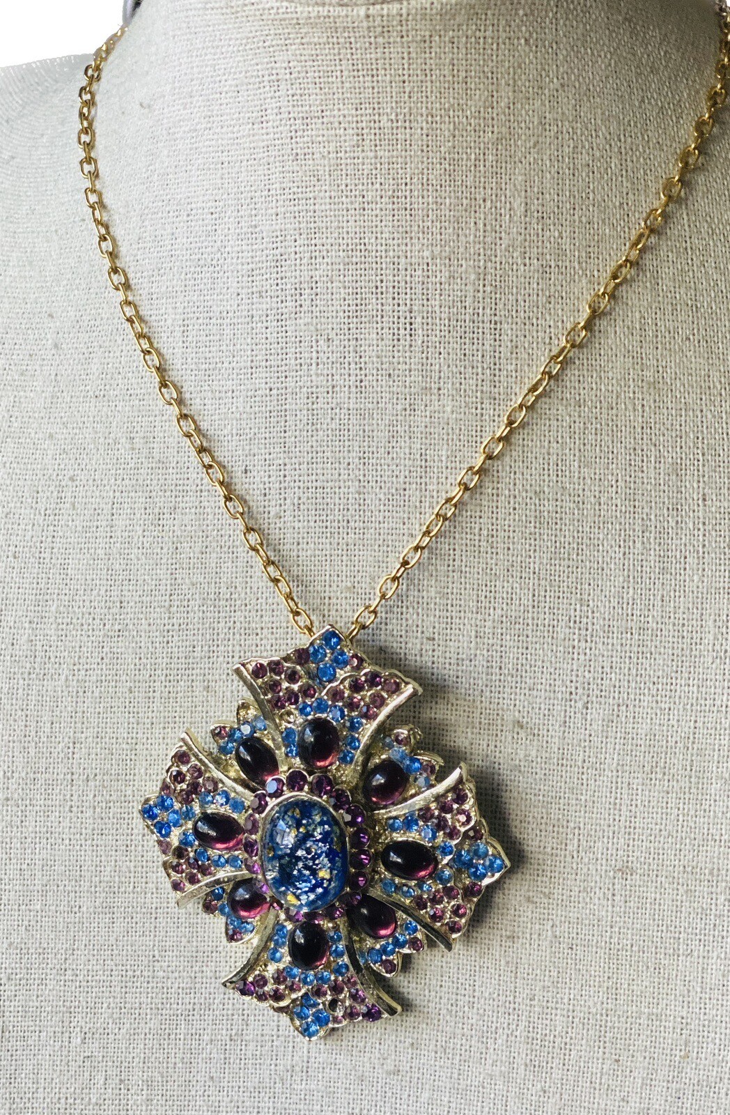 Maltese Cross Etruscan Style Brooch/Pendant!purple and blue! Glass Cabochonshuge