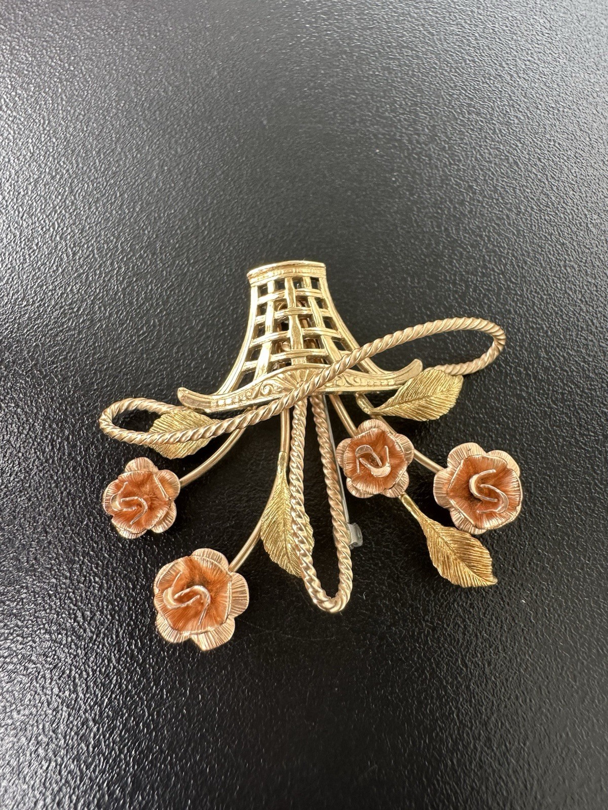 Vintage Signed Krementz Flower Basket Brooch Goldtone & Rose Goldtone