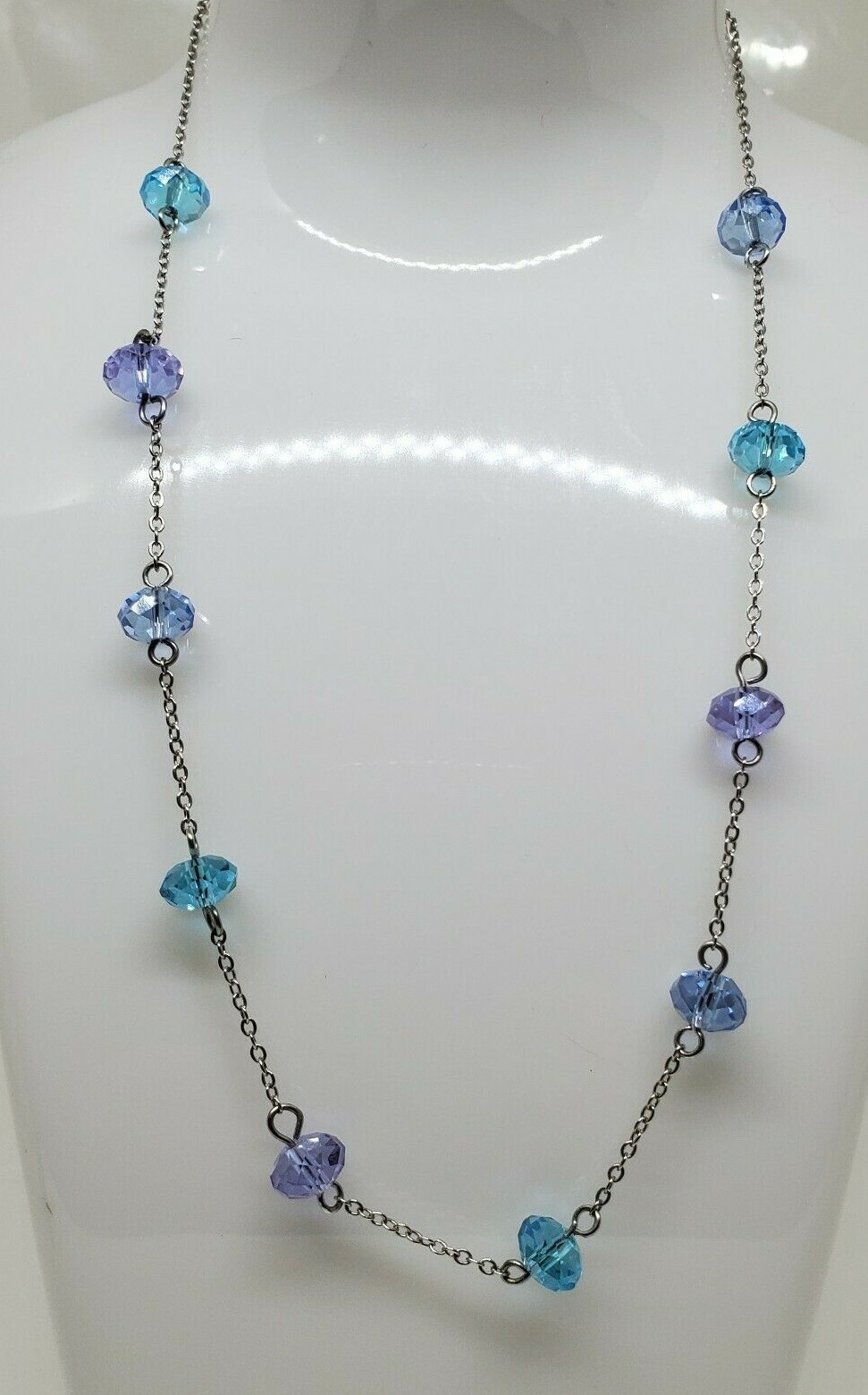 Vintage Beaded Purple Blue Necklace Rhinestone Silver Tone 18″ Adj