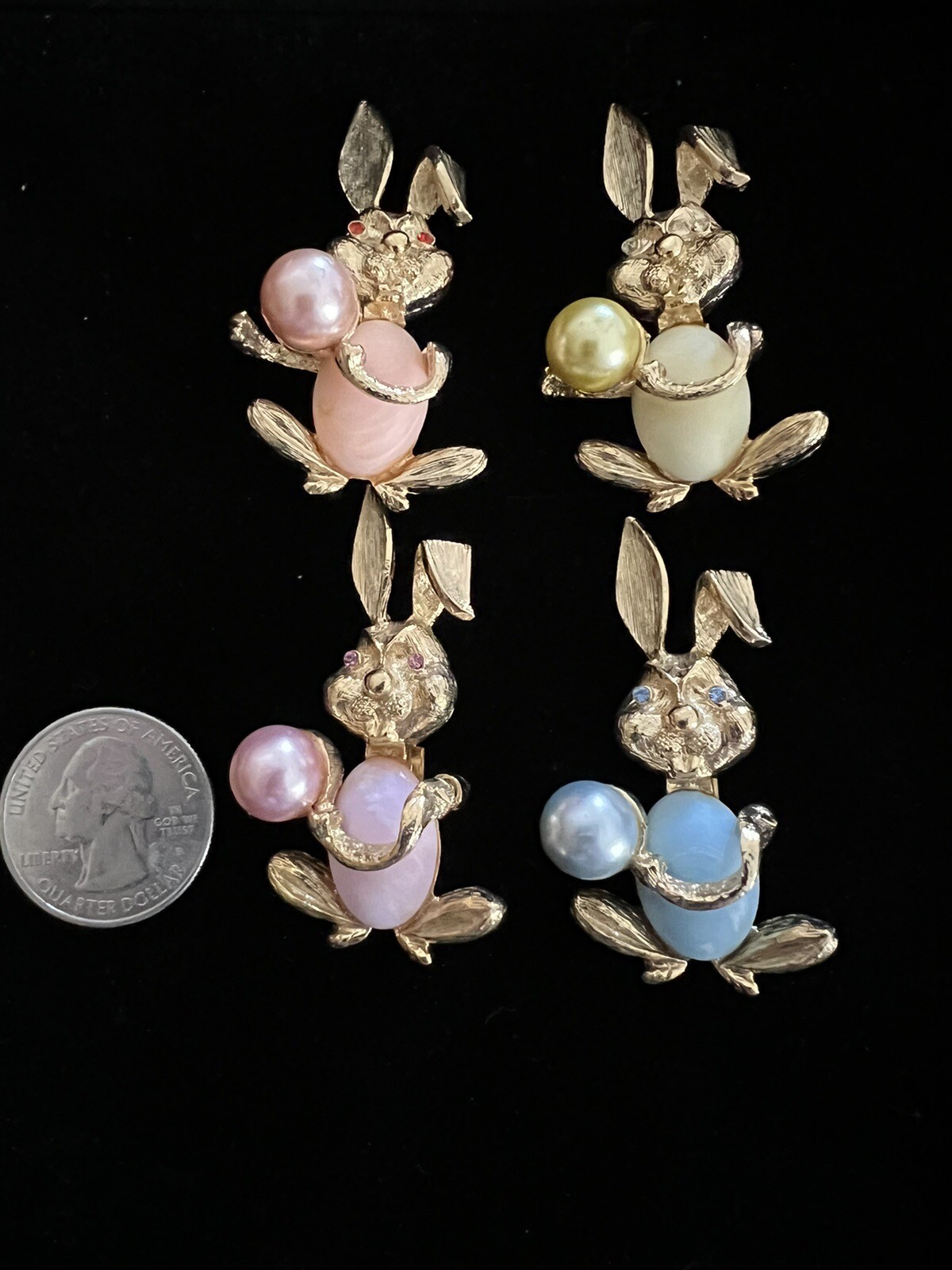 QVC HSN 4 Rabbit Bunny Gold Tone Faux Pearl Lucite Rhinestone Brooch Pins