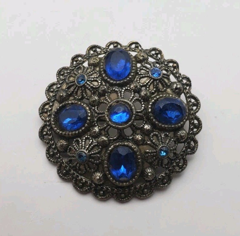 New England Glass Works Vintage Blue Brooch Art Deco Pin Blue Rhinestones 1.5″