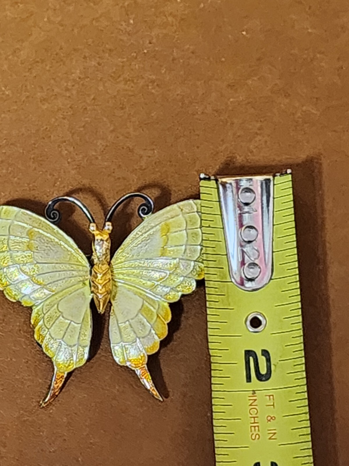 Vintage Butterfly Brooch with Detailed Wings Light Yellow Enamel Finish 2″x 2.5″