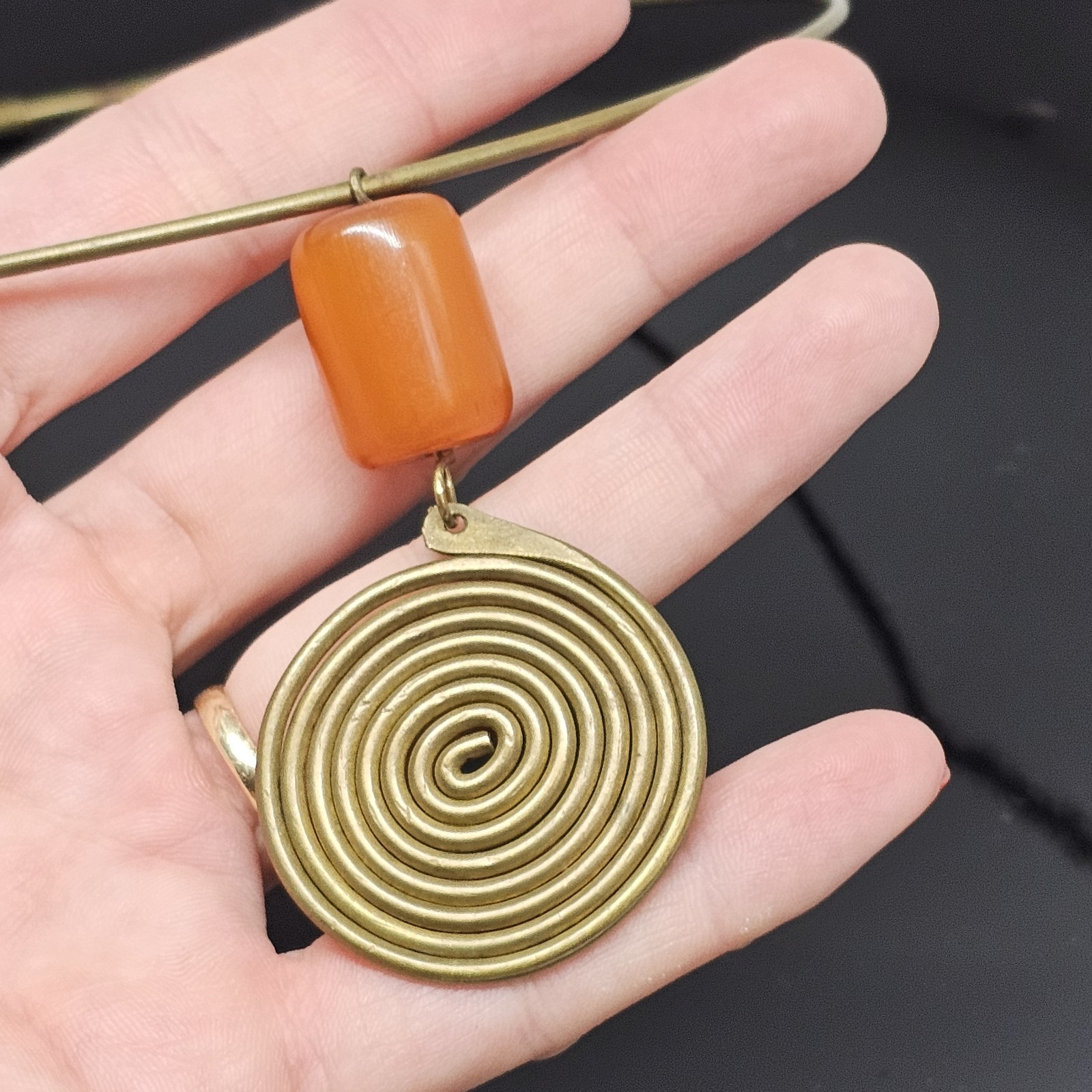 African Amber Brass Spiral Pendant Necklace Butterscotch Phenolic Resin Tribal