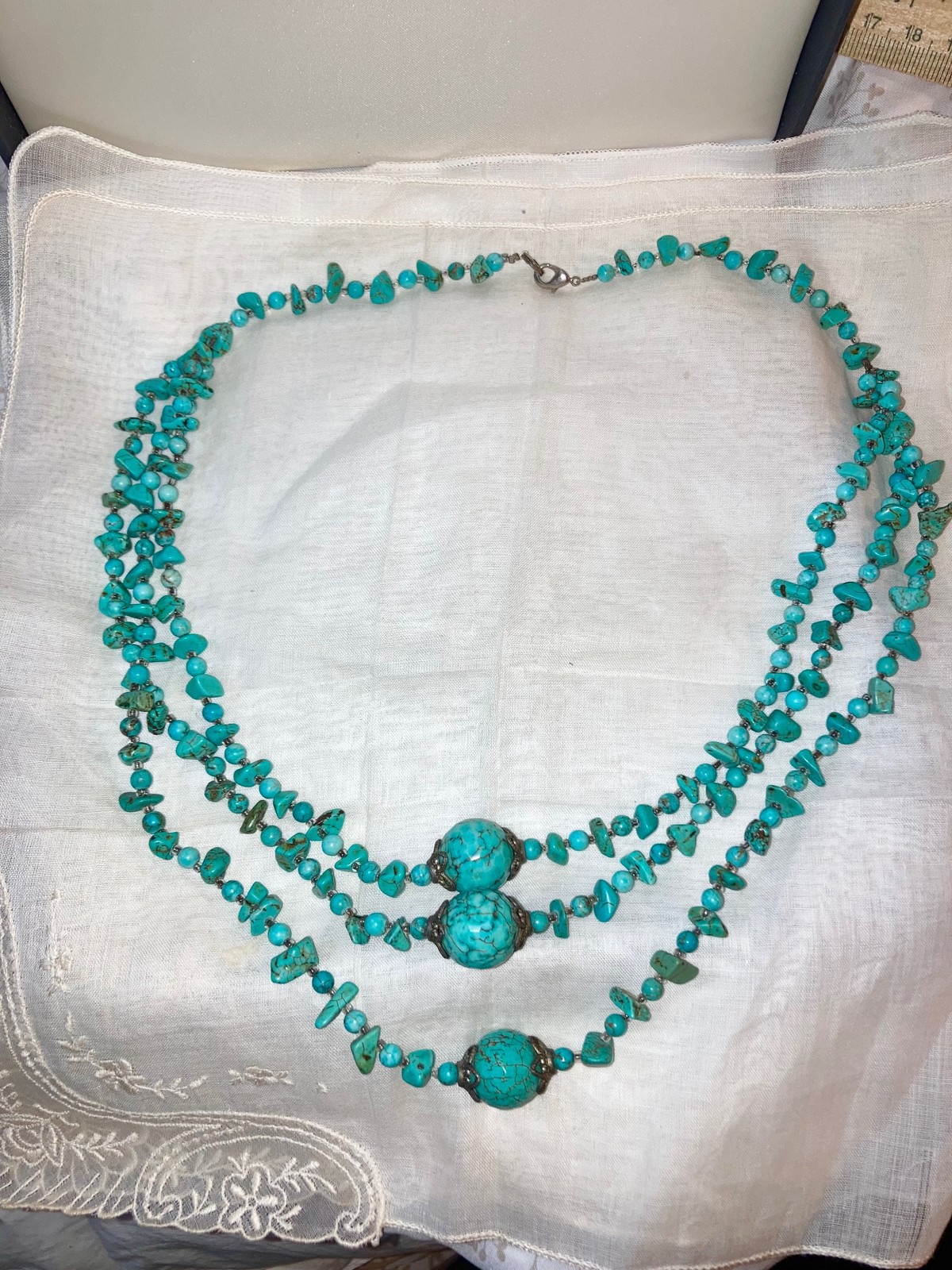 Layered Necklace Silver Tone Glass & Natural Howlite Stone Beads Vtg Multistrand