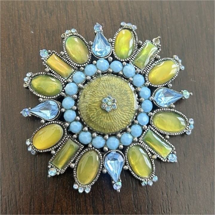 Vintage Floral Brooch Pin Yellow Blue Stone Metal Flowers & Plants