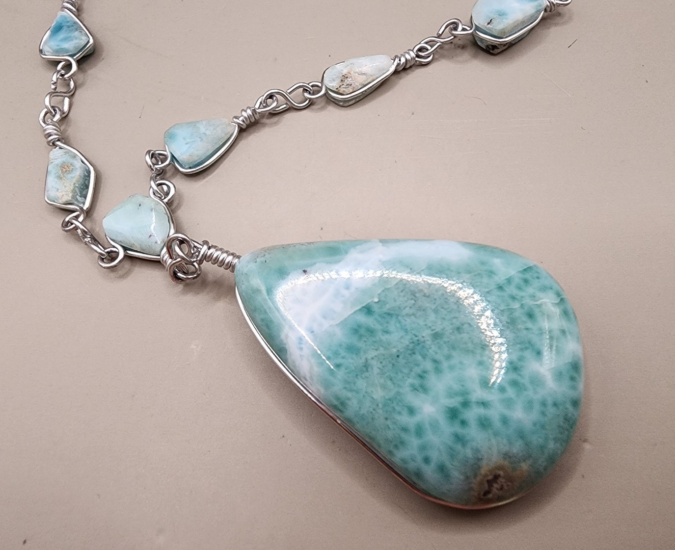 Massive Natural Larimar Teardrop Pendant Necklace Wire Wrapped Freeform Links