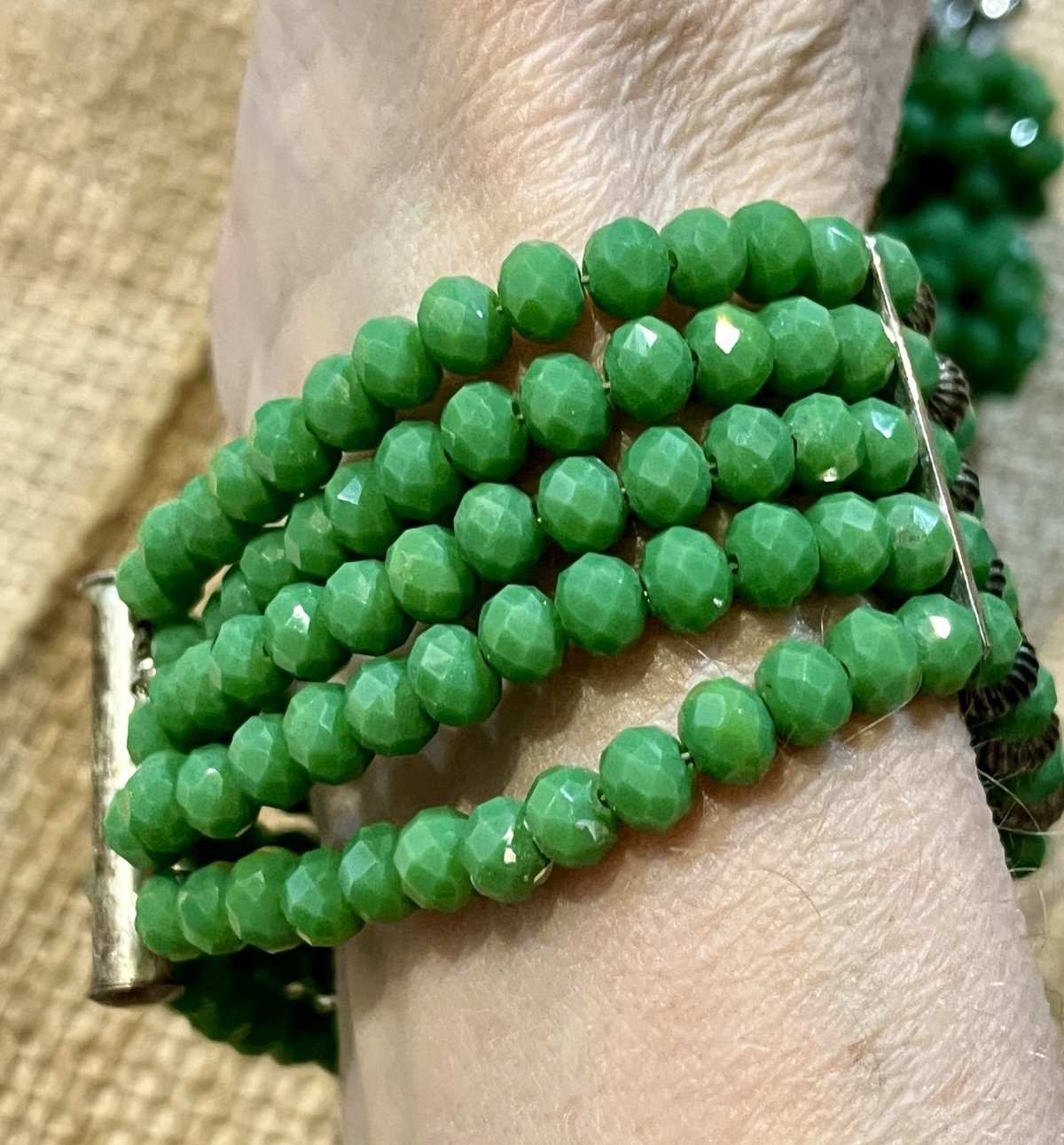 Vintage Beaded Necklace 16in Green Beads Clasp Closure Multi-Strand Set