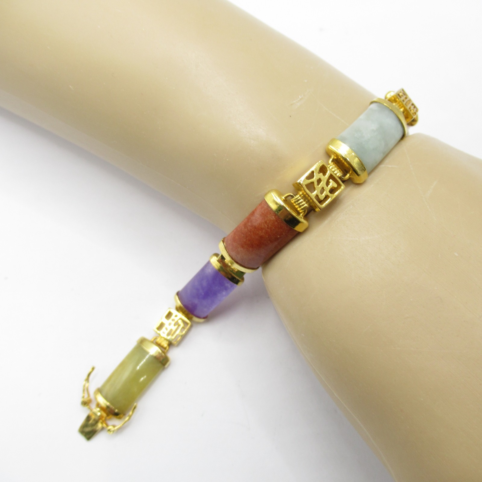Asian Dyed Multi-Color Jade Jadeite Vintage Bracelet Writing Symbols 7.25″