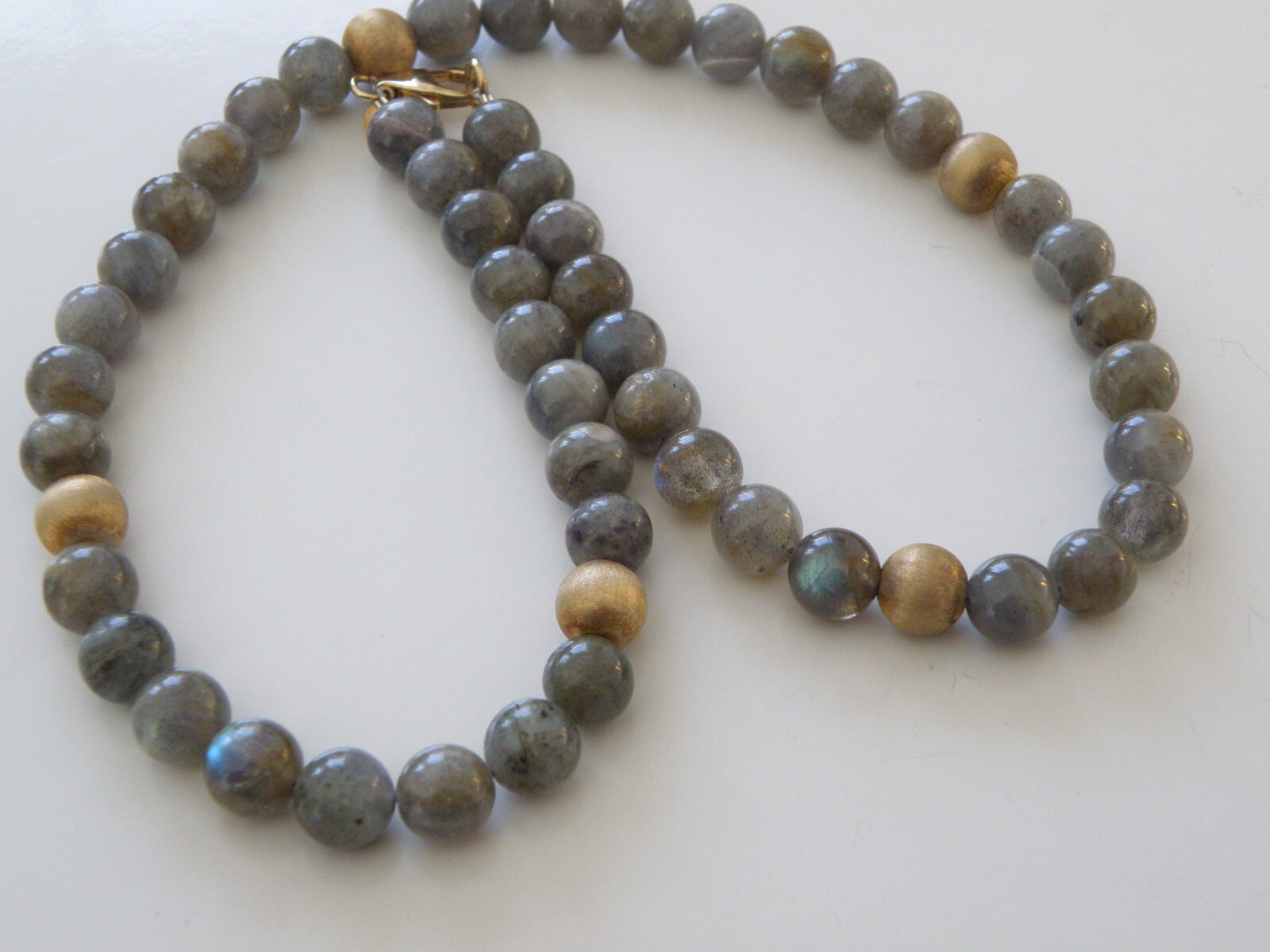 Vintage Sterling Silver 925 Gold on Natural Labradorite Bead Necklace 17.5″