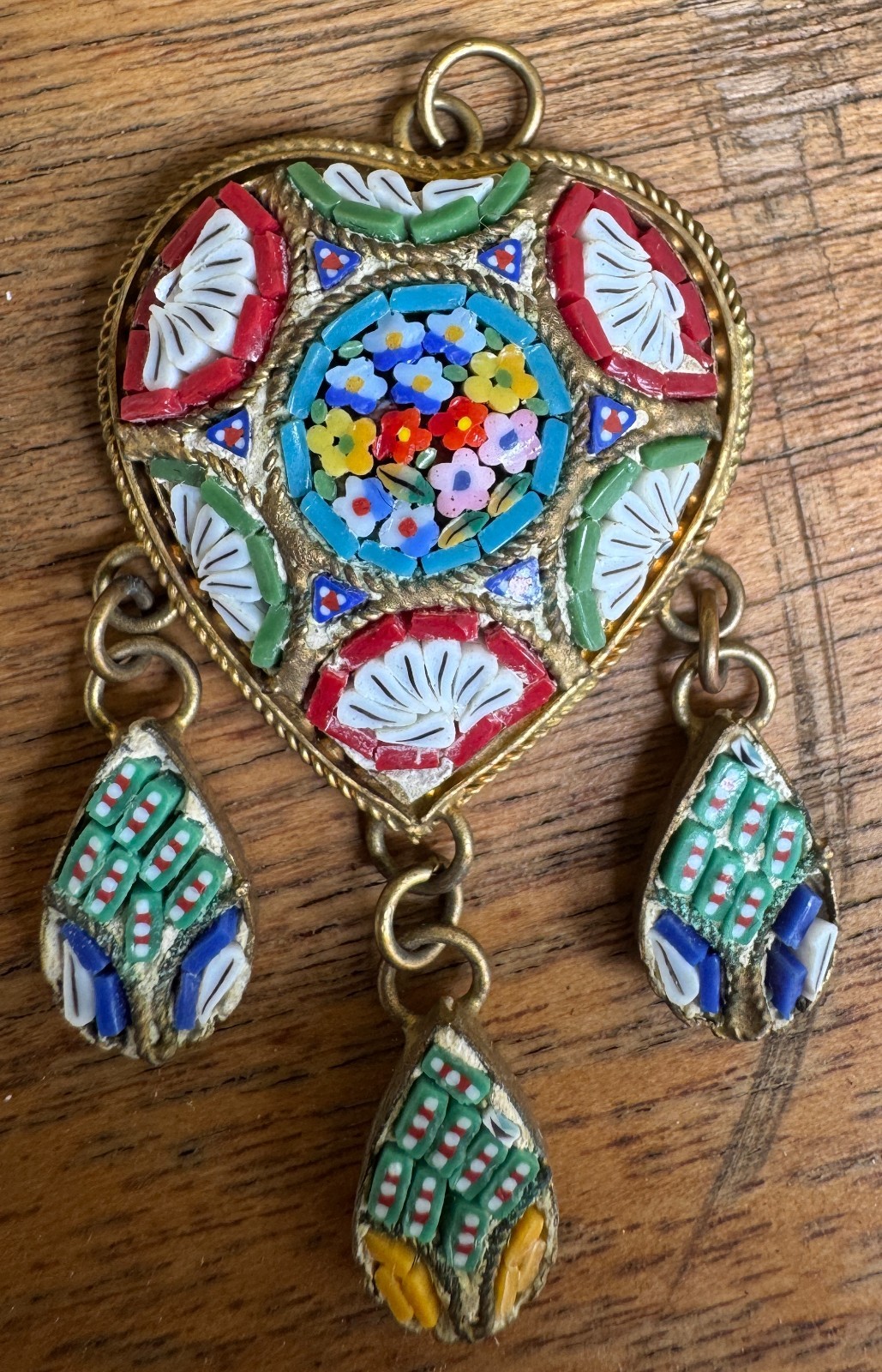 Vintage Italian micromosaic heart pendant central floral design & dangling drops