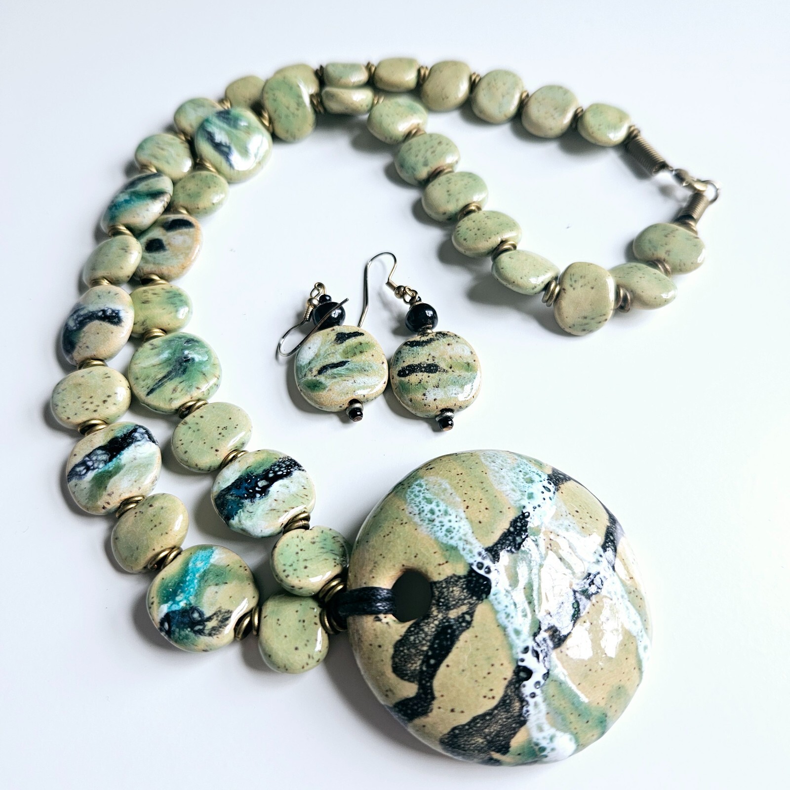 2 Necklaces Earrings Hand painted Ceramic Porcelain Geometric Wood Beads C1946