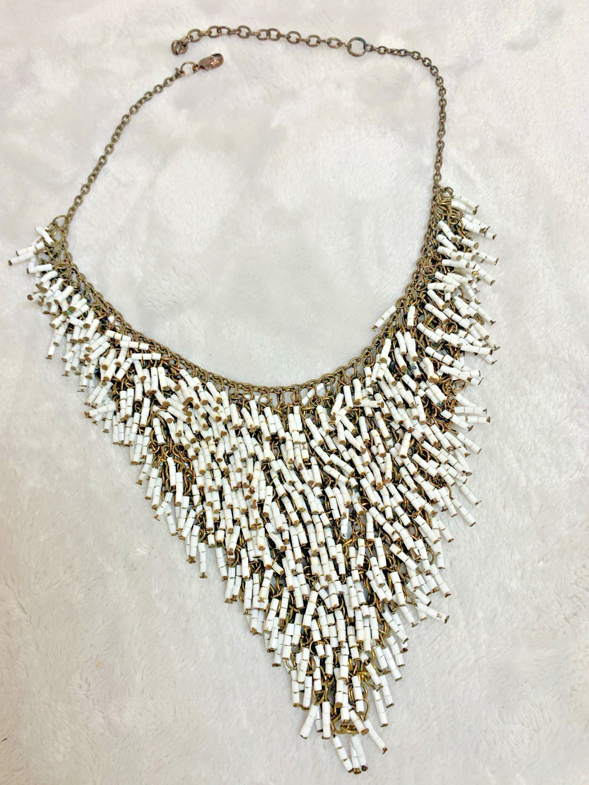 Vintage Beaded Fringe Bib Necklace White Bugle Bead Cascade Statement