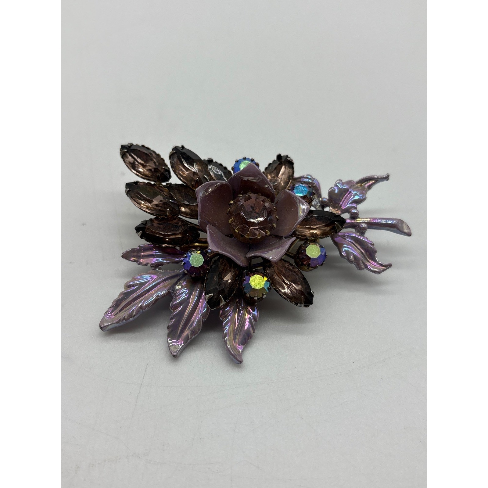 Vintage Purple Enamel Flower Bouquet Brooch Aurora Borealis Rhinestone