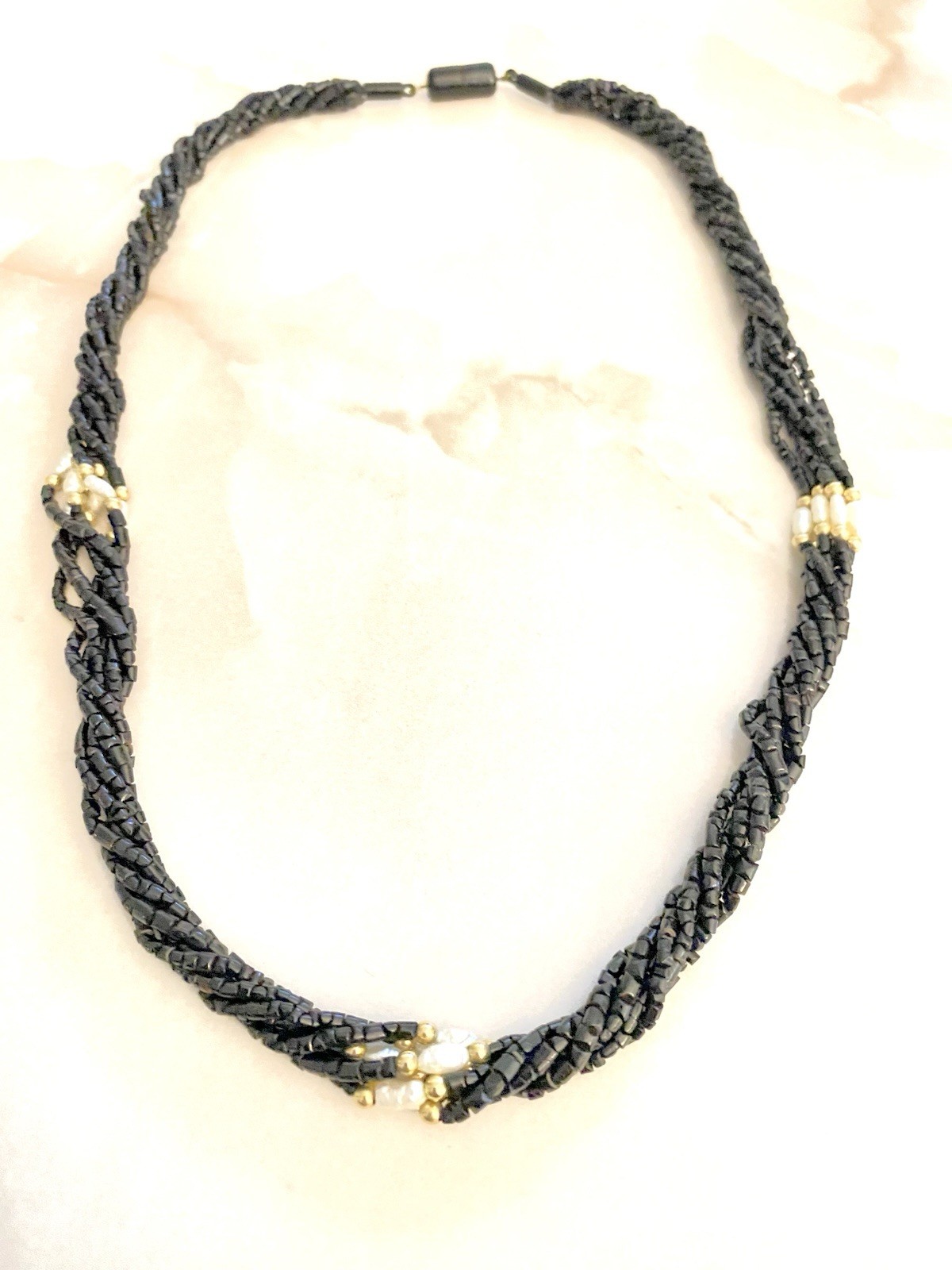 vintage genuine black coral Small elongated beads necklace Braided 6 Strands