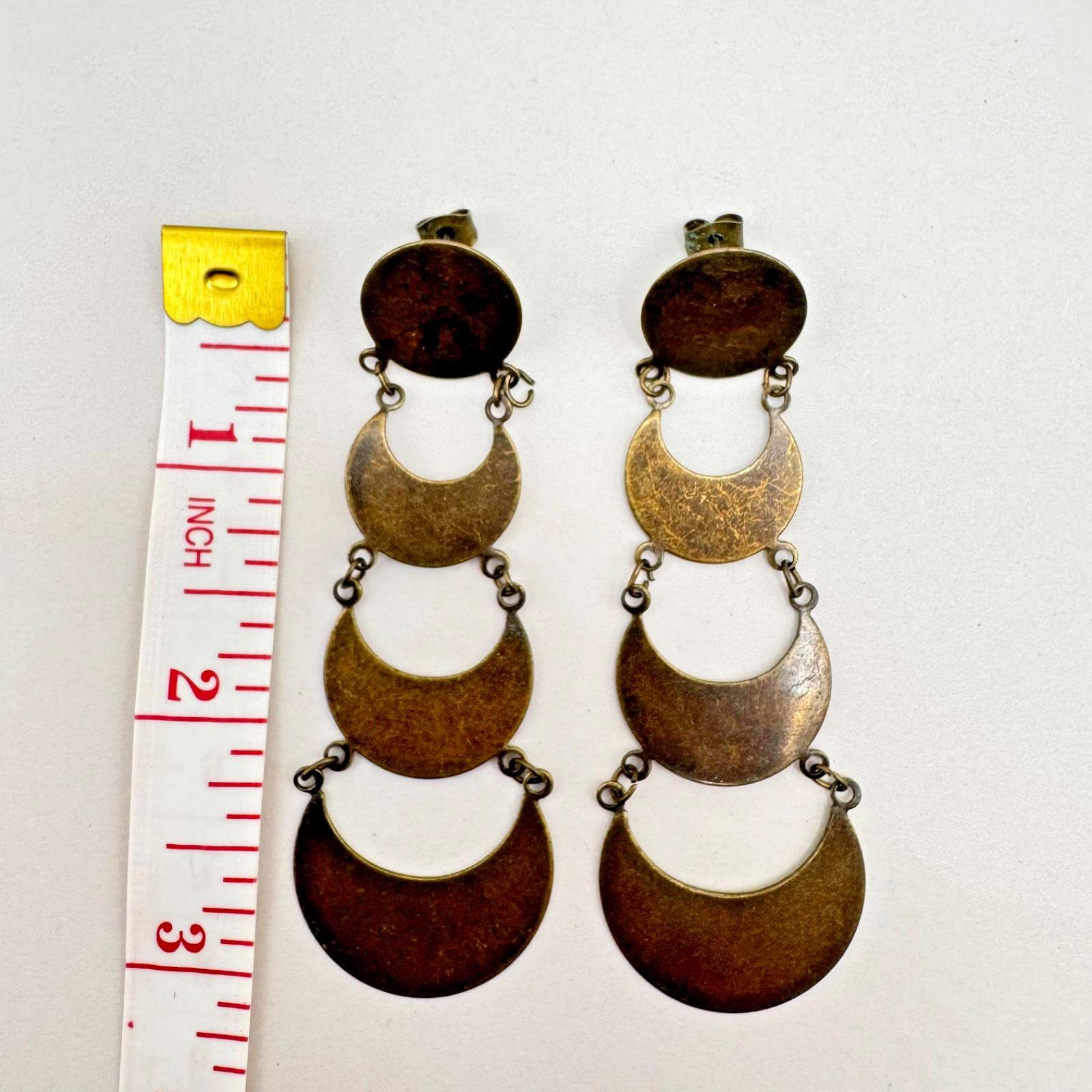 Vintage Brass Geometric Dangle Pierced Earrings Boho Mod Statement Tiered Disc