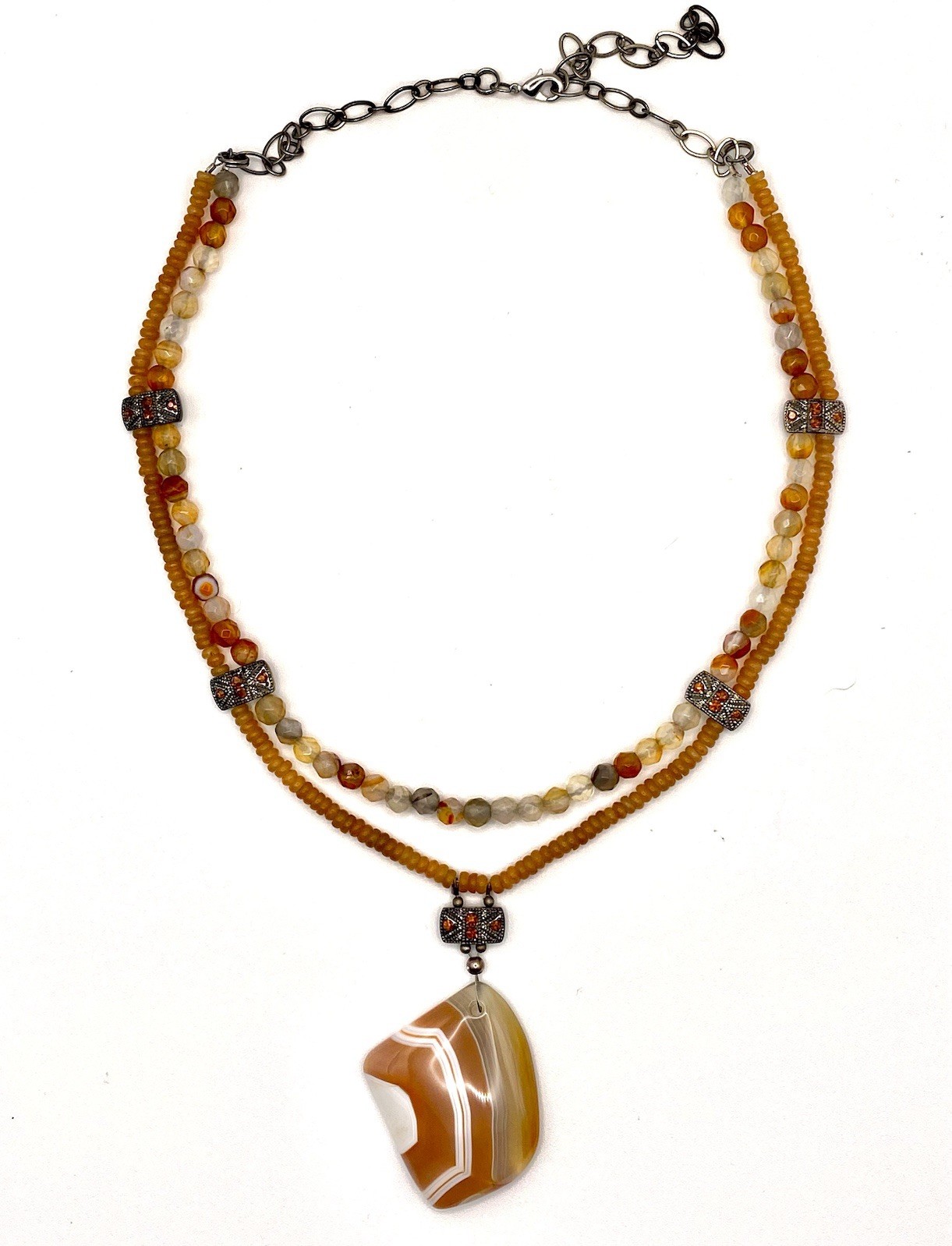 Vintage Silver Plated Banded Caramel Agate Necklace Pendant Two Strand Estate