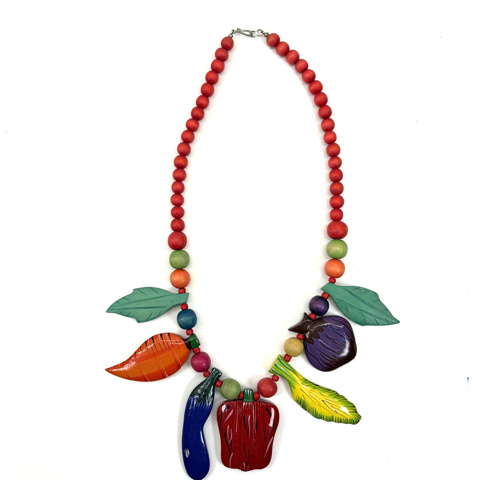 VTG 1980s Wood Vegetable Necklace Garden Farm Boho Folk Art Whimsy Cottagecore