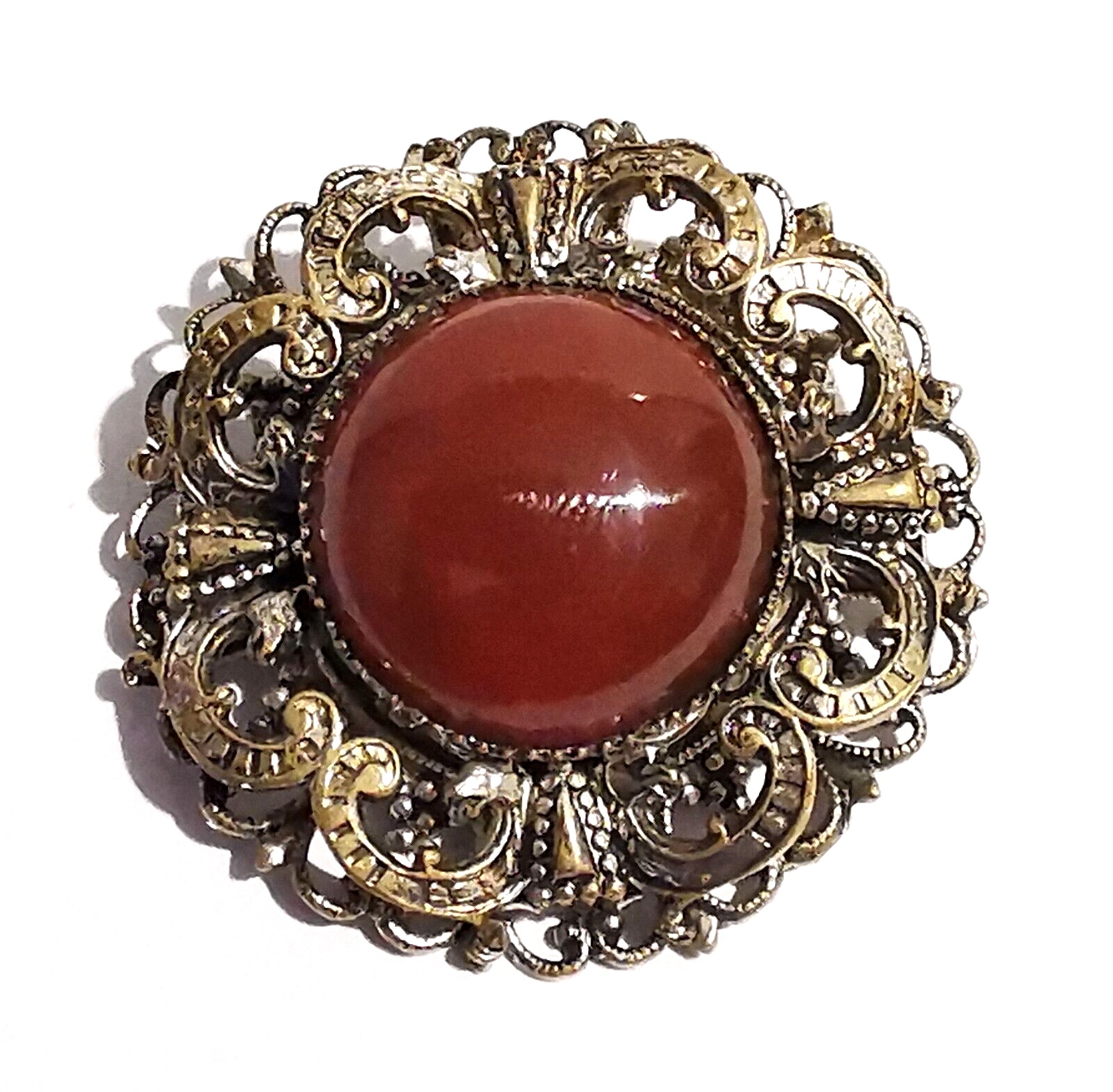 Vintage Czech Brown Glass Brooch Pin Silvered Brass Ornaments Dragon Handmade