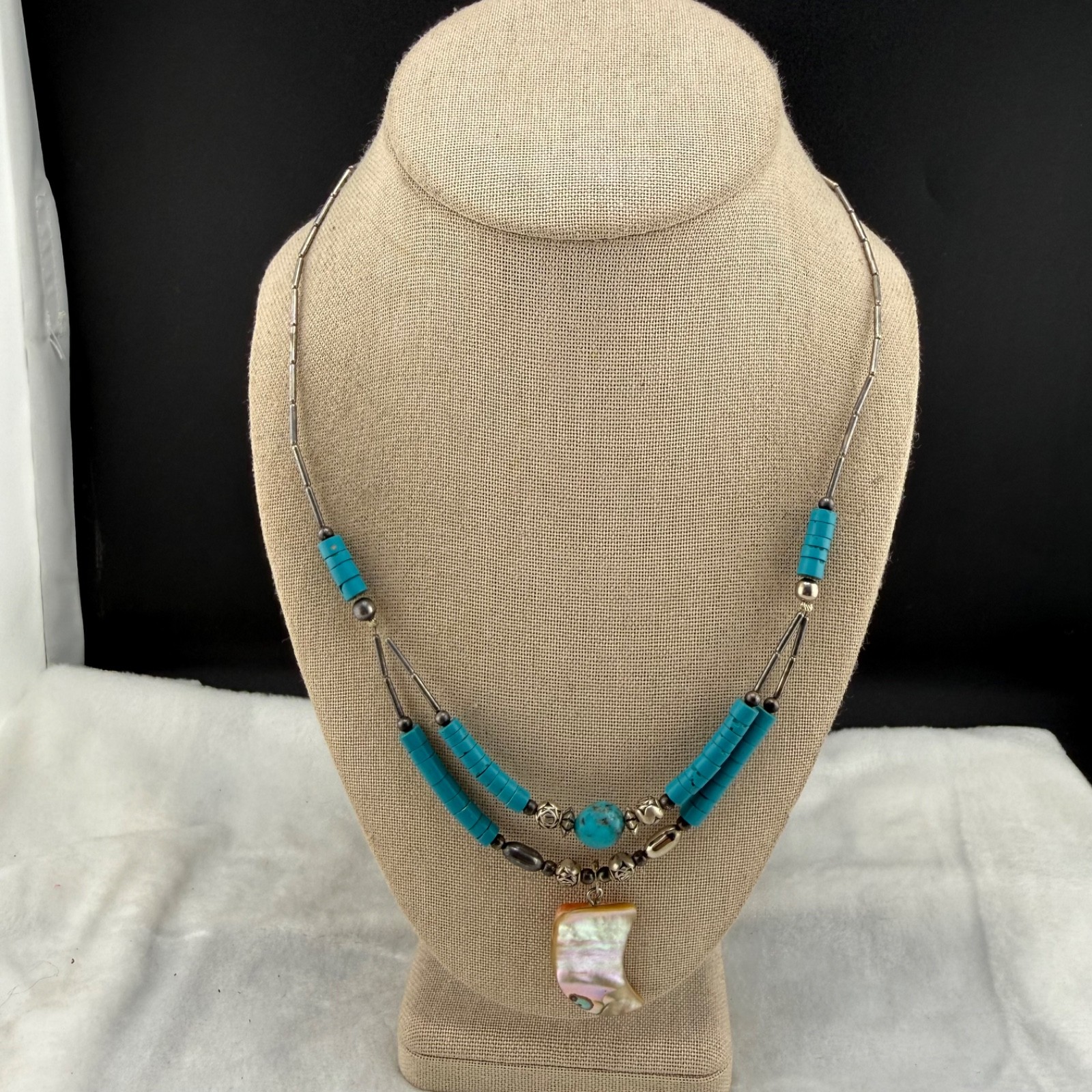 Vintage Beaded Layered Necklace Polished Stone Abalone 24”