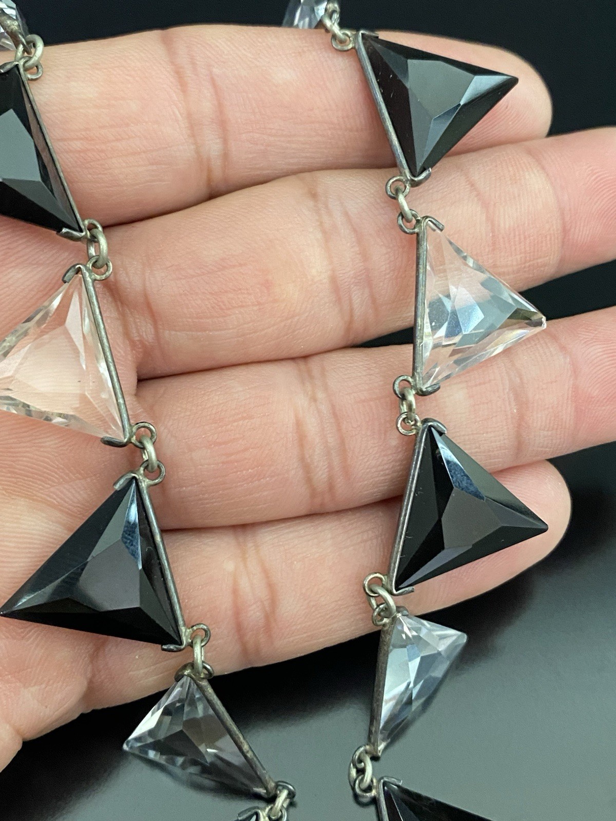 Art Deco VTG Silver Tone Trillion Cut Clear & Black Rock Quartz Choker Necklace