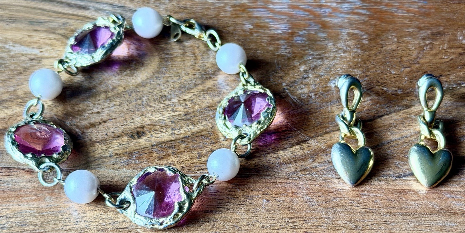 Paired Gold Tone Pink Stone Pearl Bracelet & Heart Dangle Pierced Earrings Korea