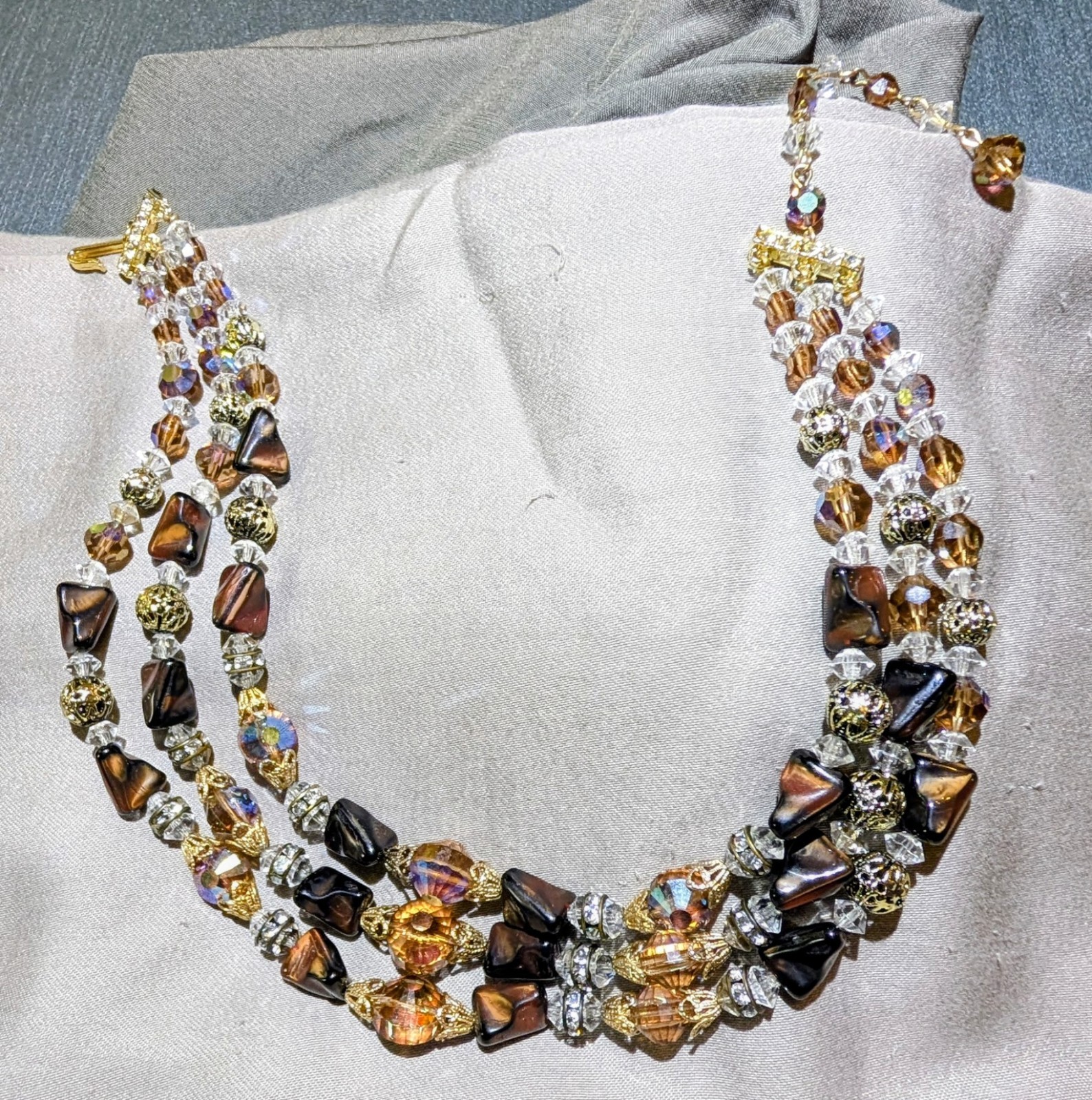 Vintage Coro 3-Piece Parure Set Smoky Topaz AB Crystal Multi-Strand Choker Wrap