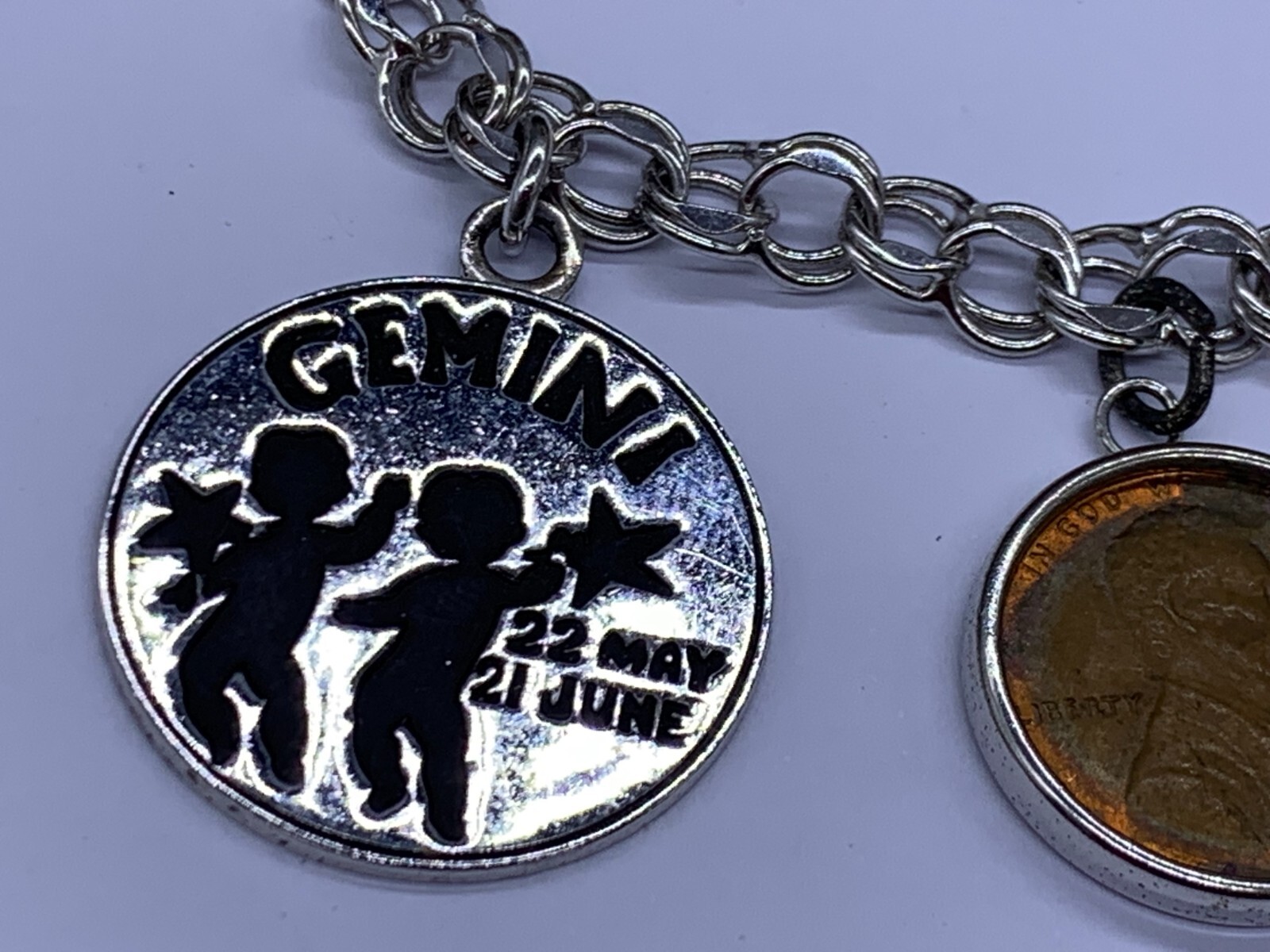 VINTAGE STERLING SILVER GEMINI MAY JUNE HAPPY BIRTHDAY COIN CHARM BRACELET