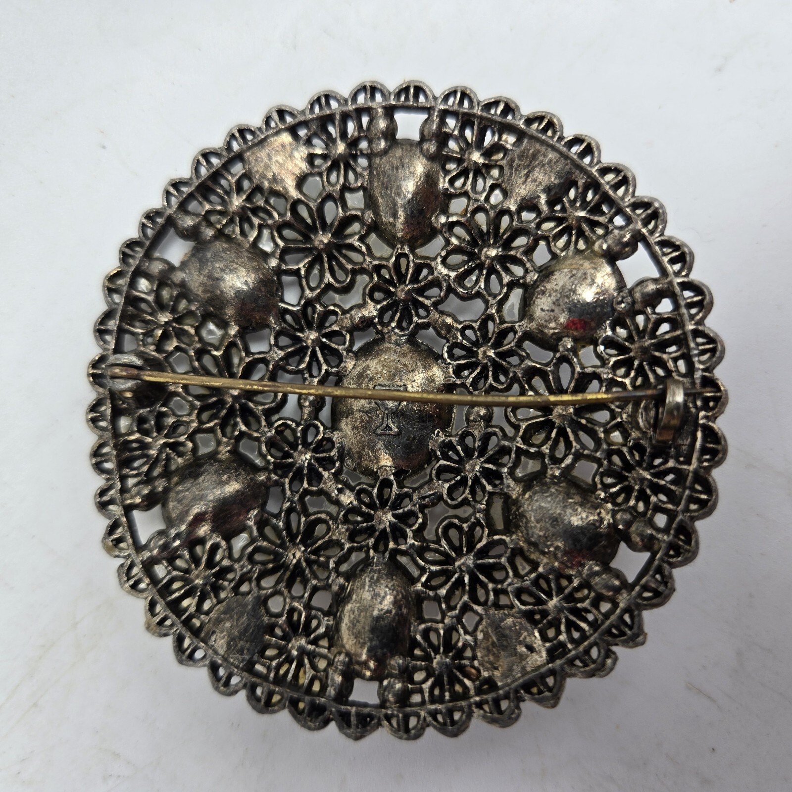 Antique New England Glass Works Rhinestone Brooch Filigree Vtg Signed Goblet