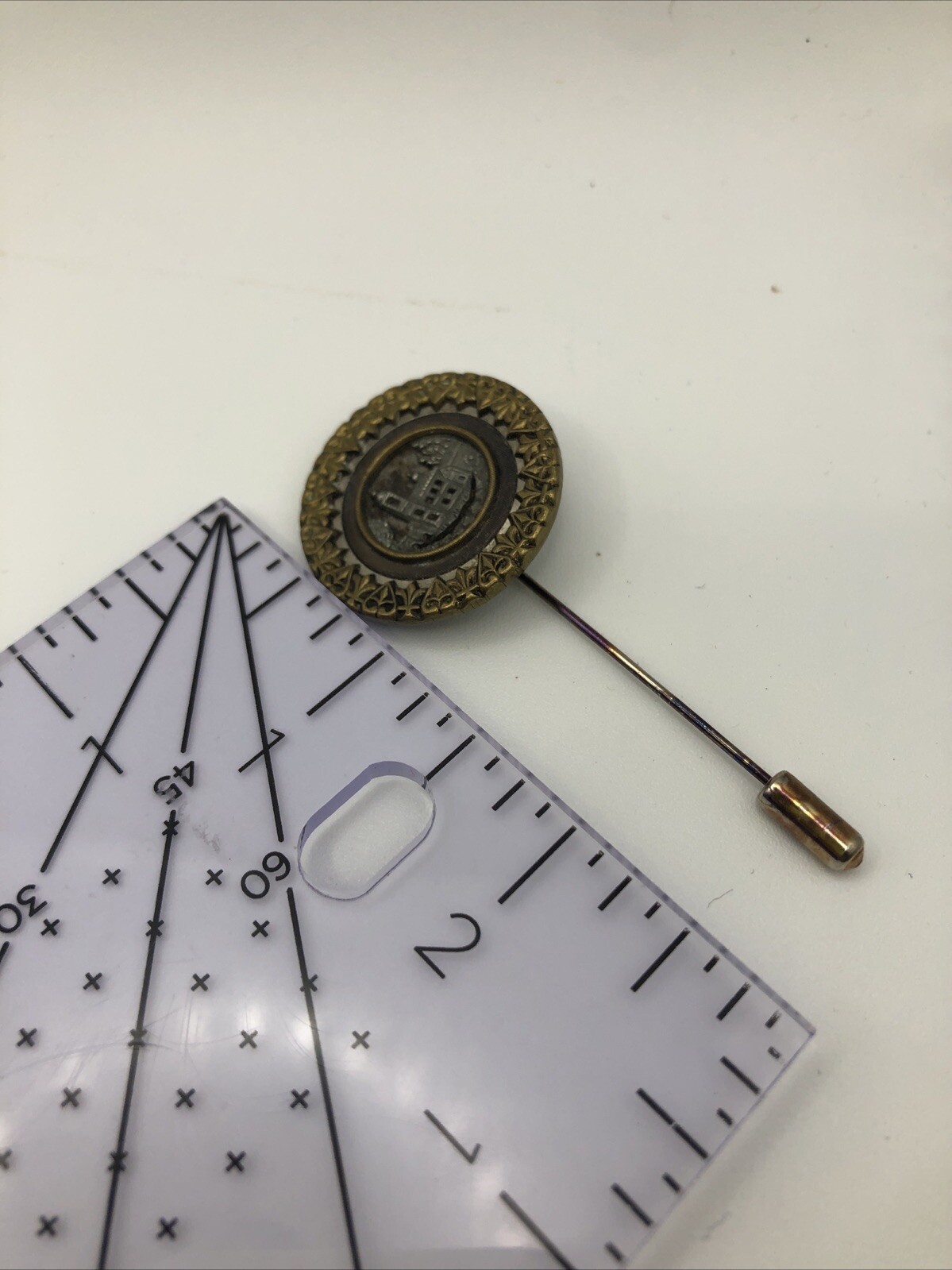 Vintage Antique Metal Picture Hat Pin Lapel Button VICTORIAN BUILDINGS