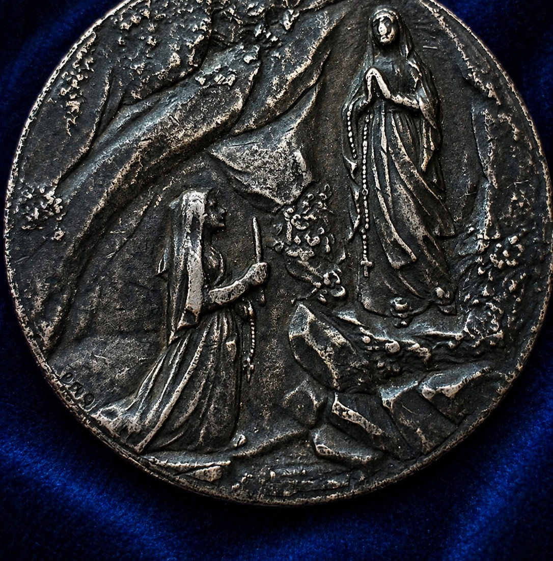 Large Antique Solid Silver Religious Medal Virgin Mary Angel Scene 19thC French