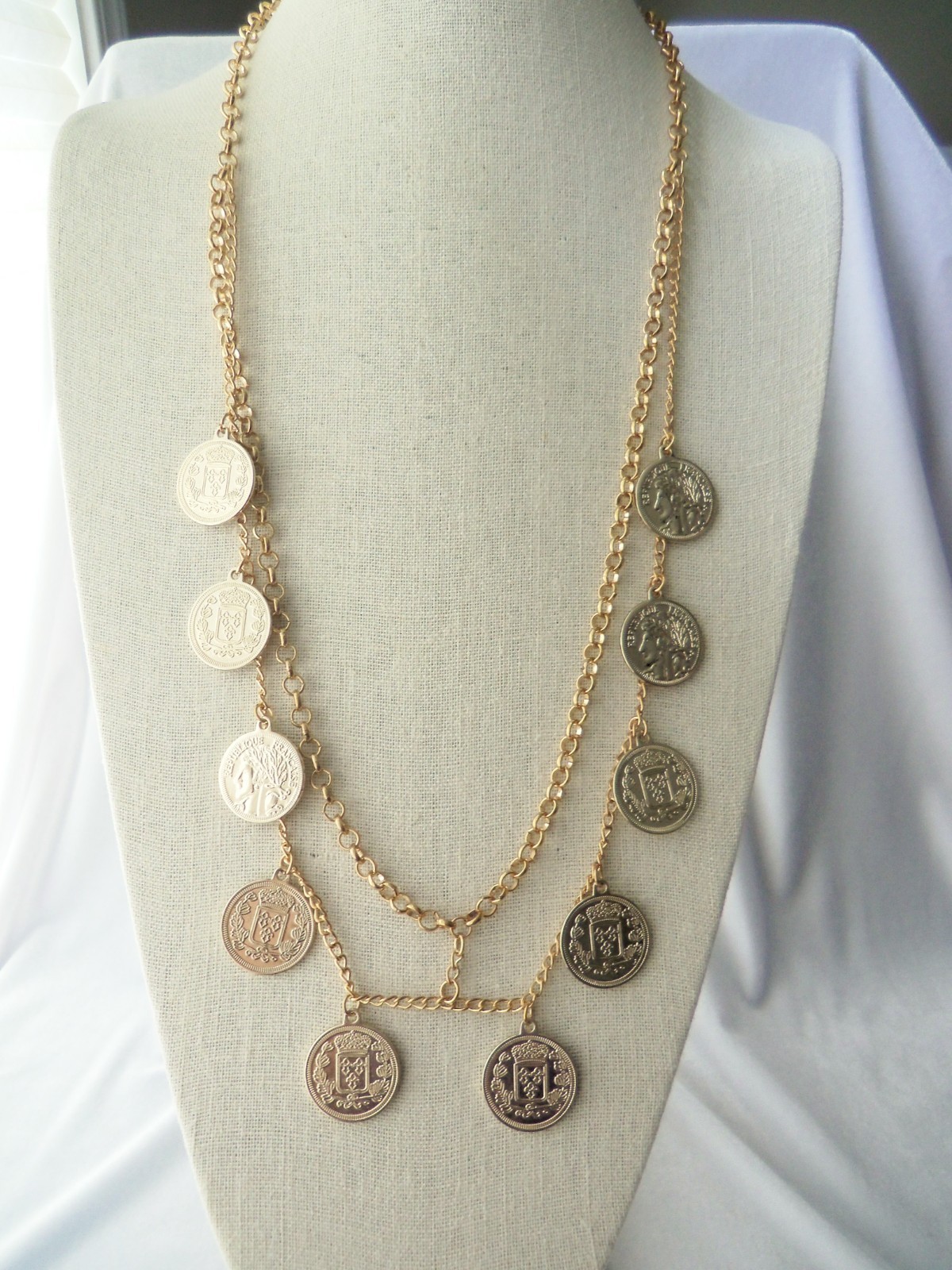 Vintage Gold Tone Double Chain Faux Coin Fringe Necklace
