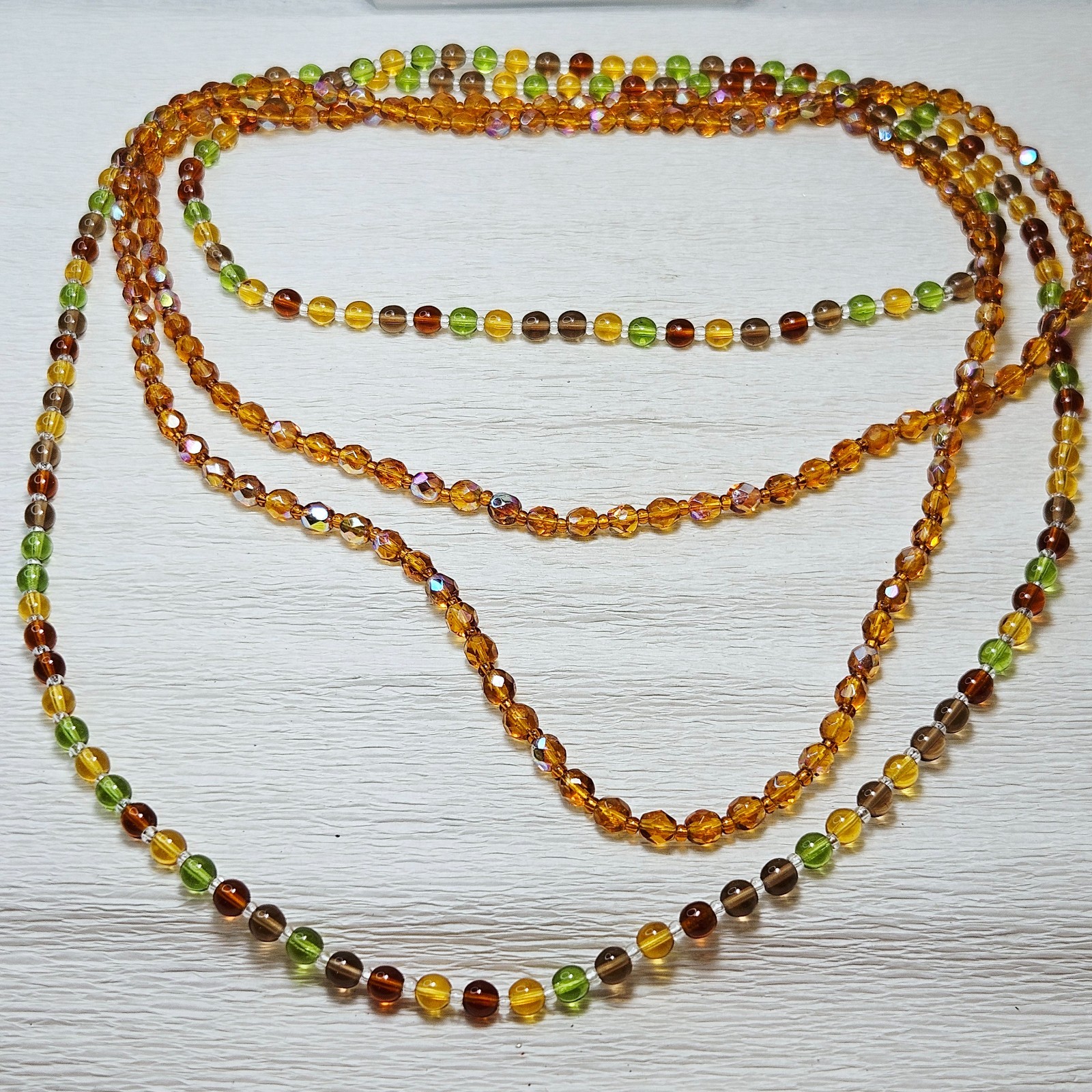 2 Long Necklaces Czech Glass Molded Faceted Beads Fall Multi Colors 45″