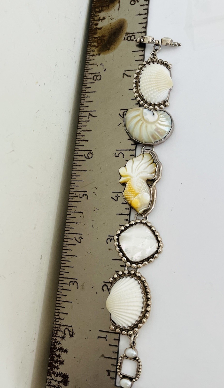 Vintage Sterling Silver AMY KAHN RUSSELL Mother Of Pearl Carved Fish Bracelet