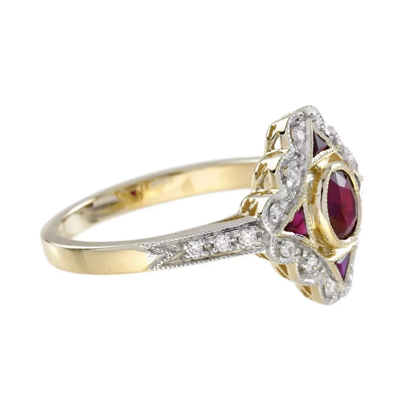 Art Deco Style Red Ruby & Lab Created Diamond Wedding Ring 14K White Gold Finish