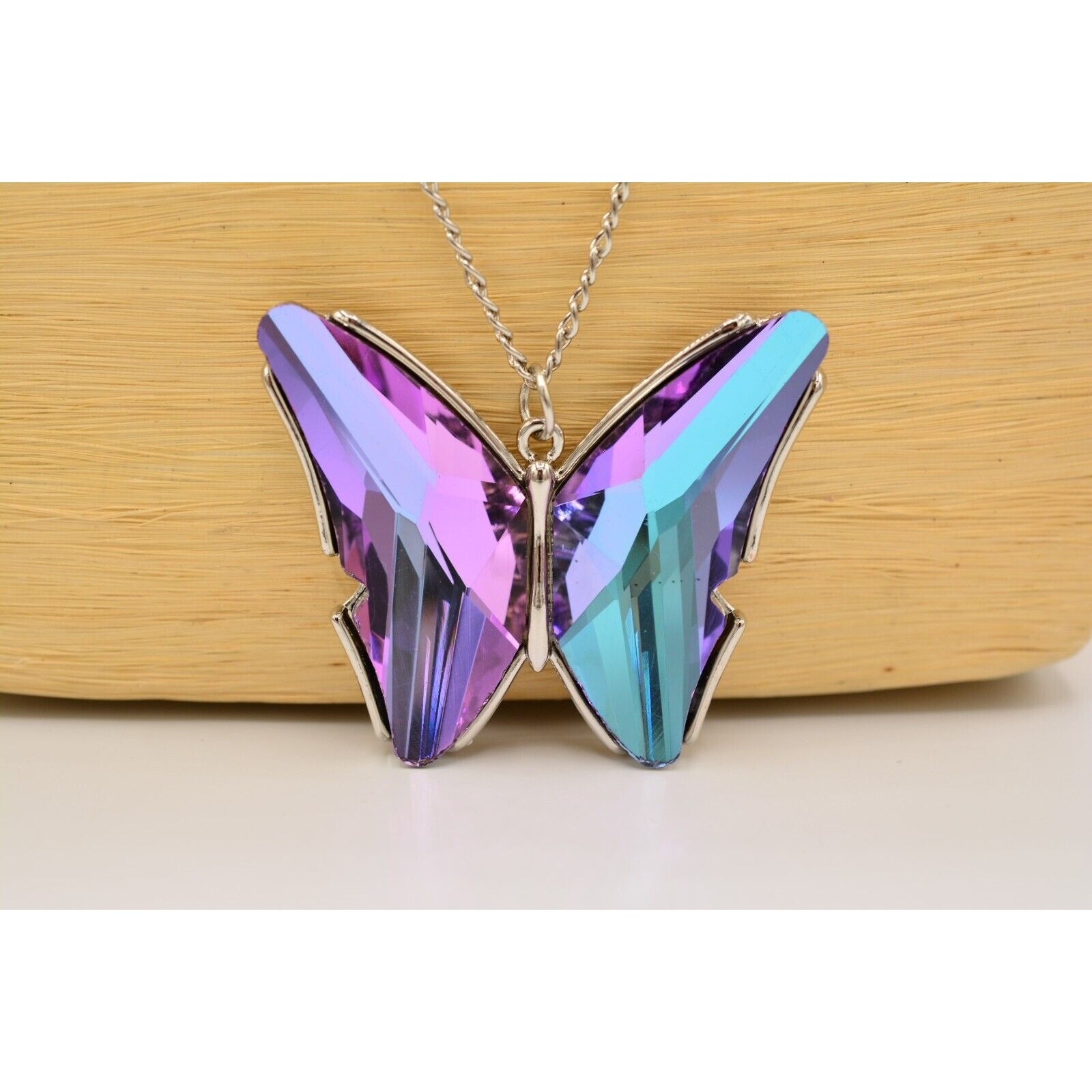 Vintage Crystal Butterfly Pendant Necklace Purple Blue Silver Chain 1990s Bin3C