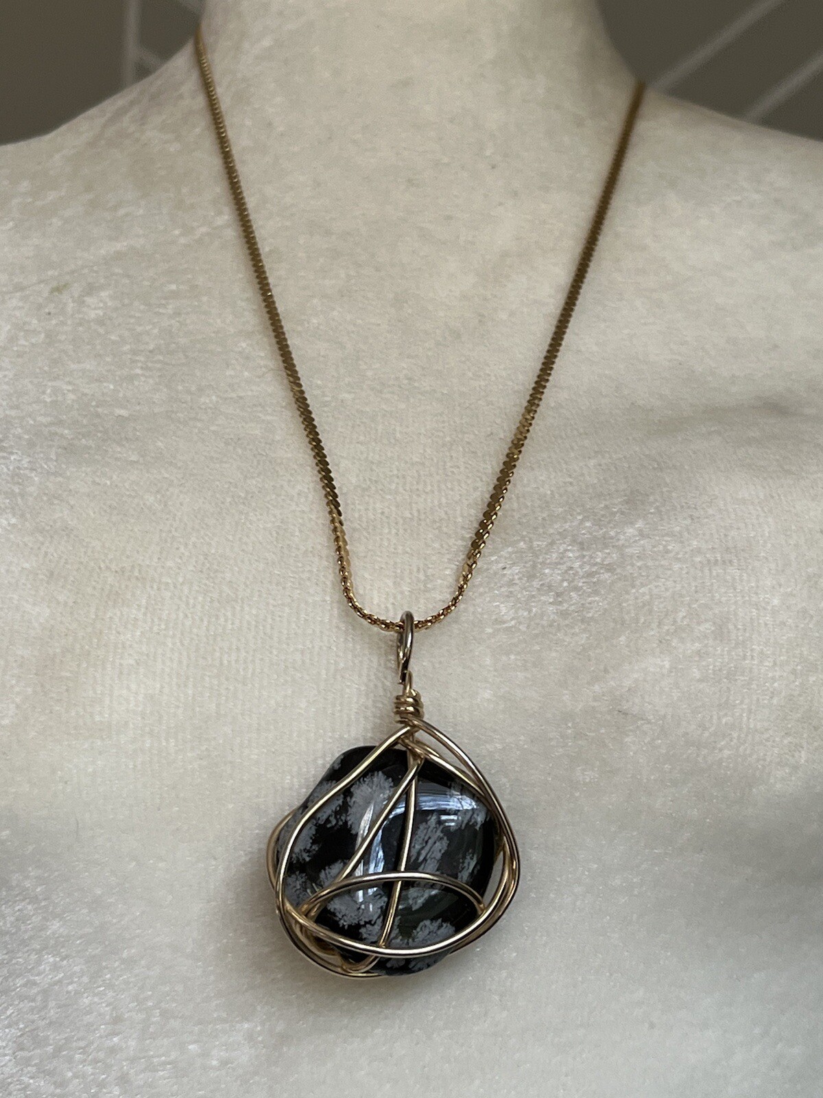 Vintage Polished Snowflake Obsidian Pendant Necklace Wire Wrapped Obsidian Stone