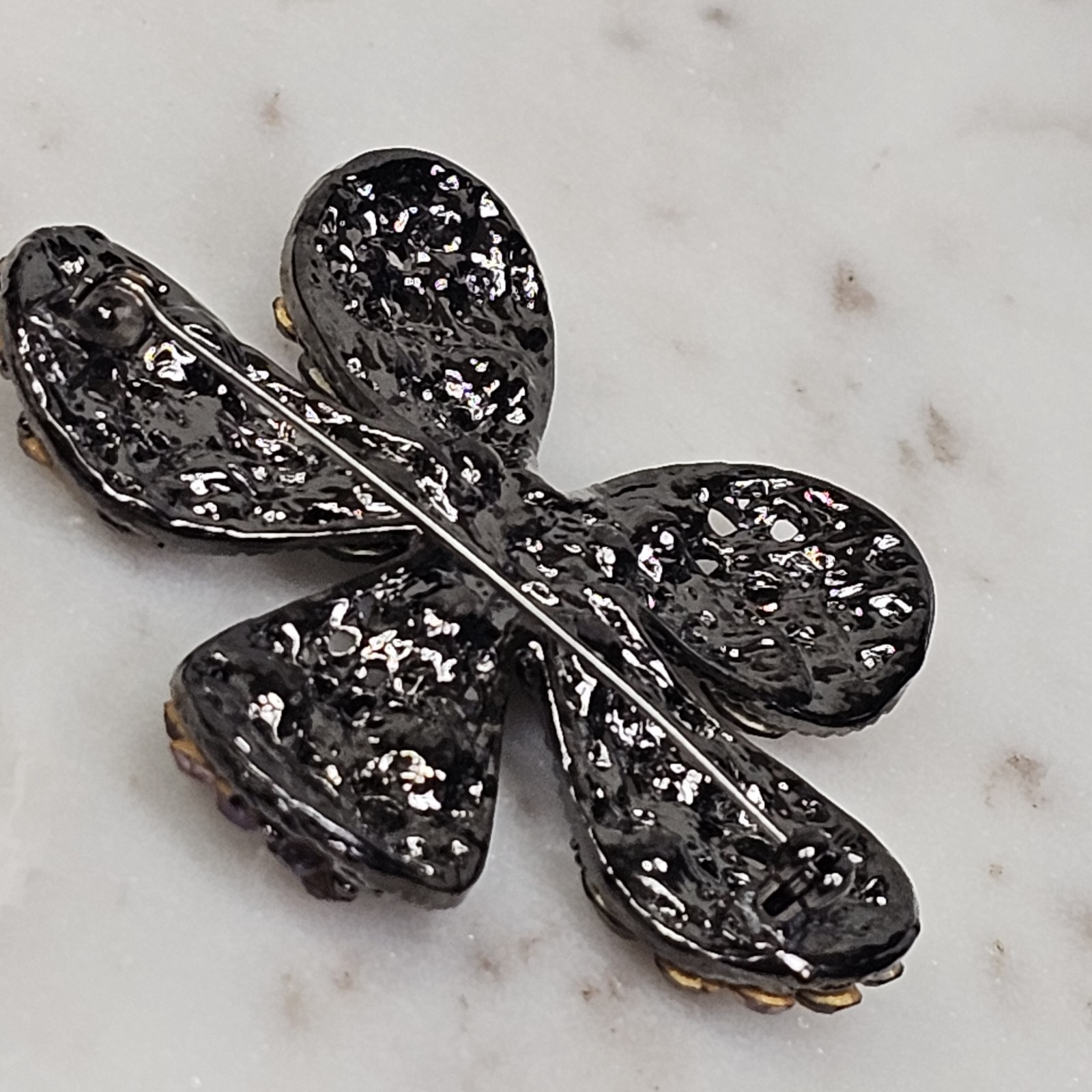 Vintage Purple Flower Rhinestone Gunmetal Pink Crystals Brooch Estate