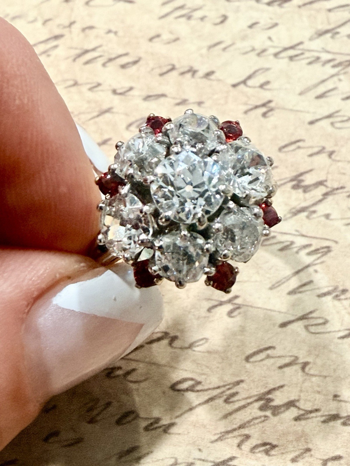 Rare Edwardian 4.43ct Old European Mine Cut Diamond Orange Sapphire Cluster Ring