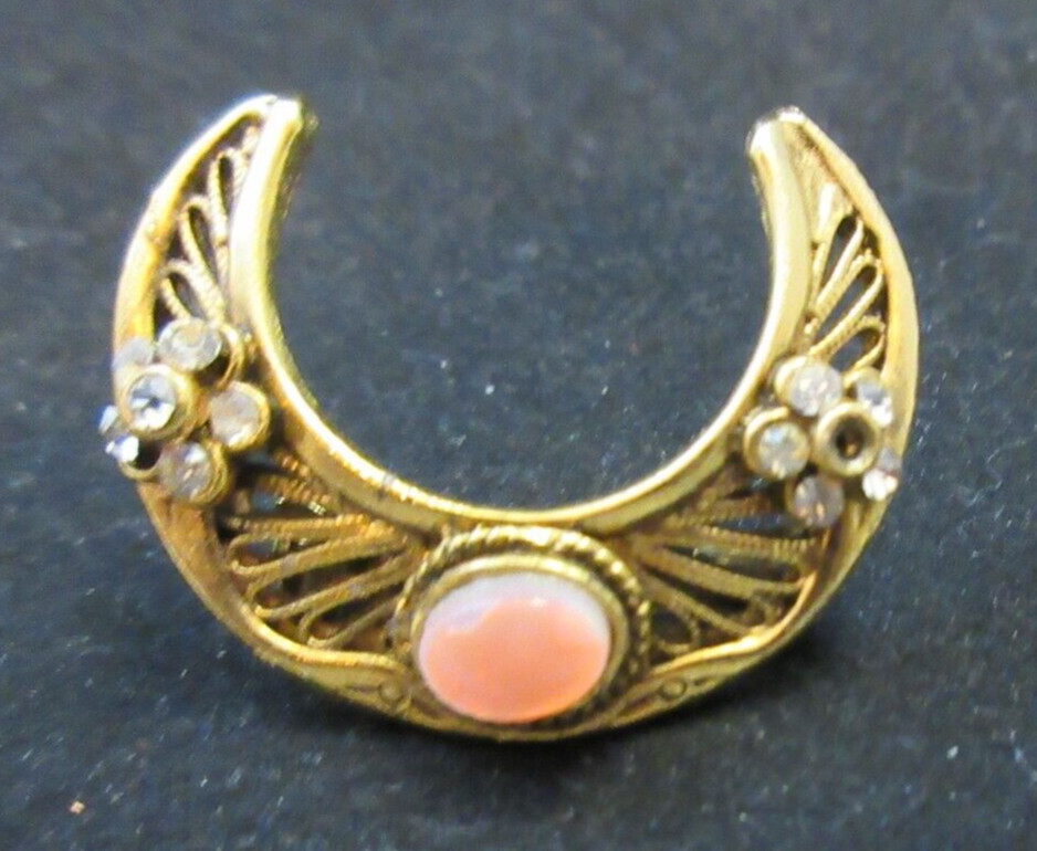 Vintage Tacoa Signed Crescent Moon Shape Clear Rhinestone Pink Cab Brooch