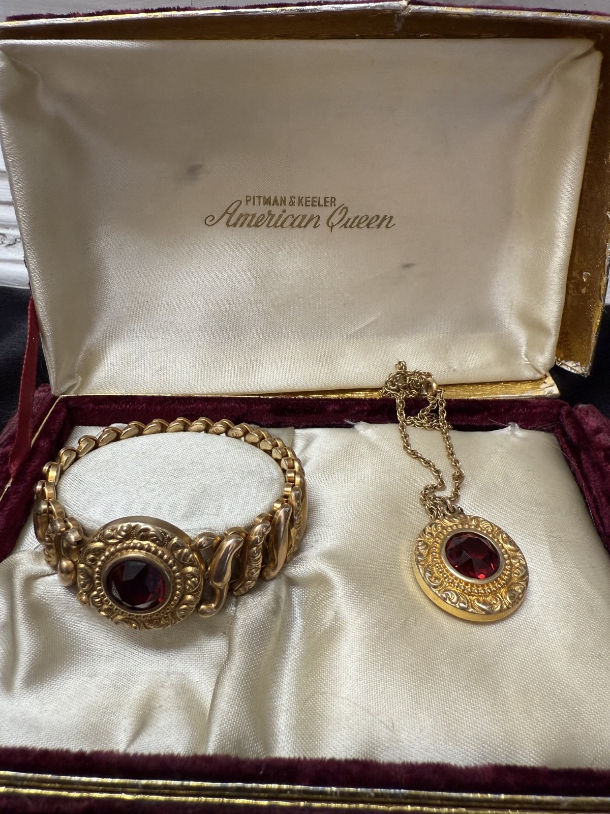 Antique Expansion Bracelet Necklace Set American Queen Pitman Keeler Red Stone