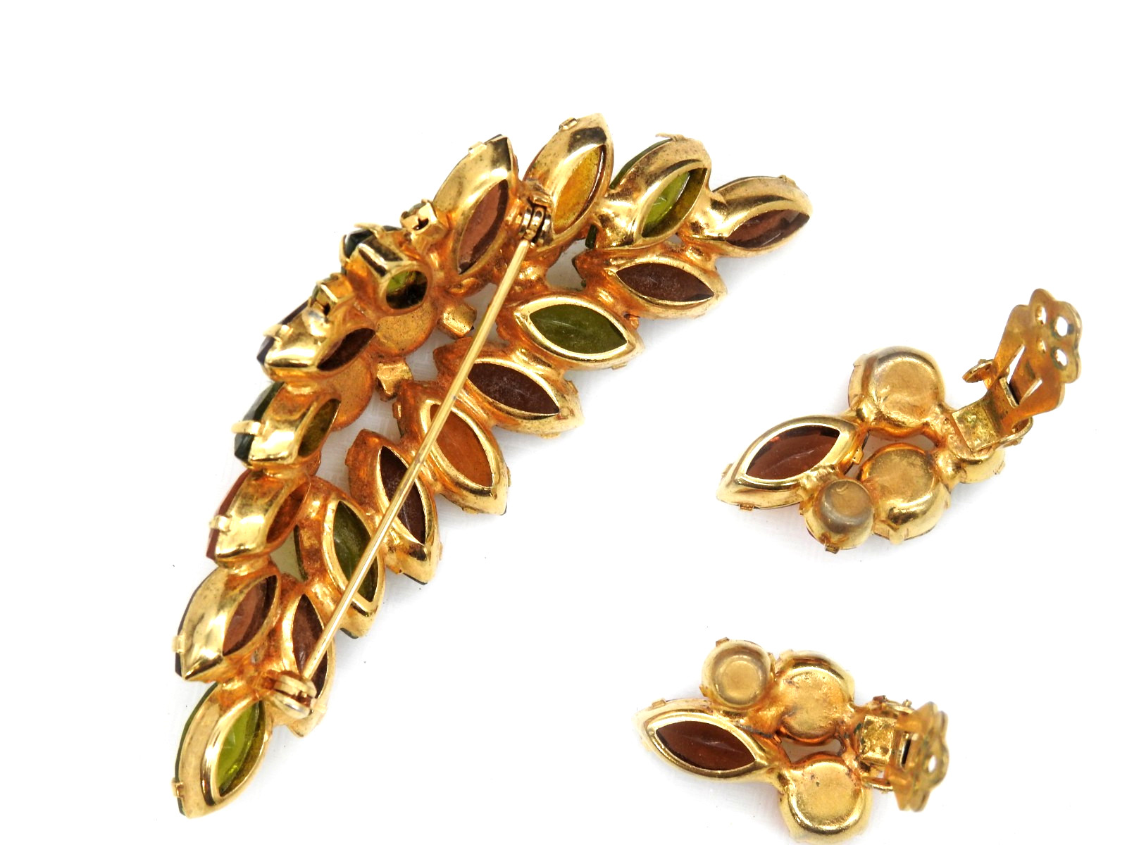 Juliana Rhinestone Brooch Clip Earrings Set Fall Colors Demi Parure Vintage