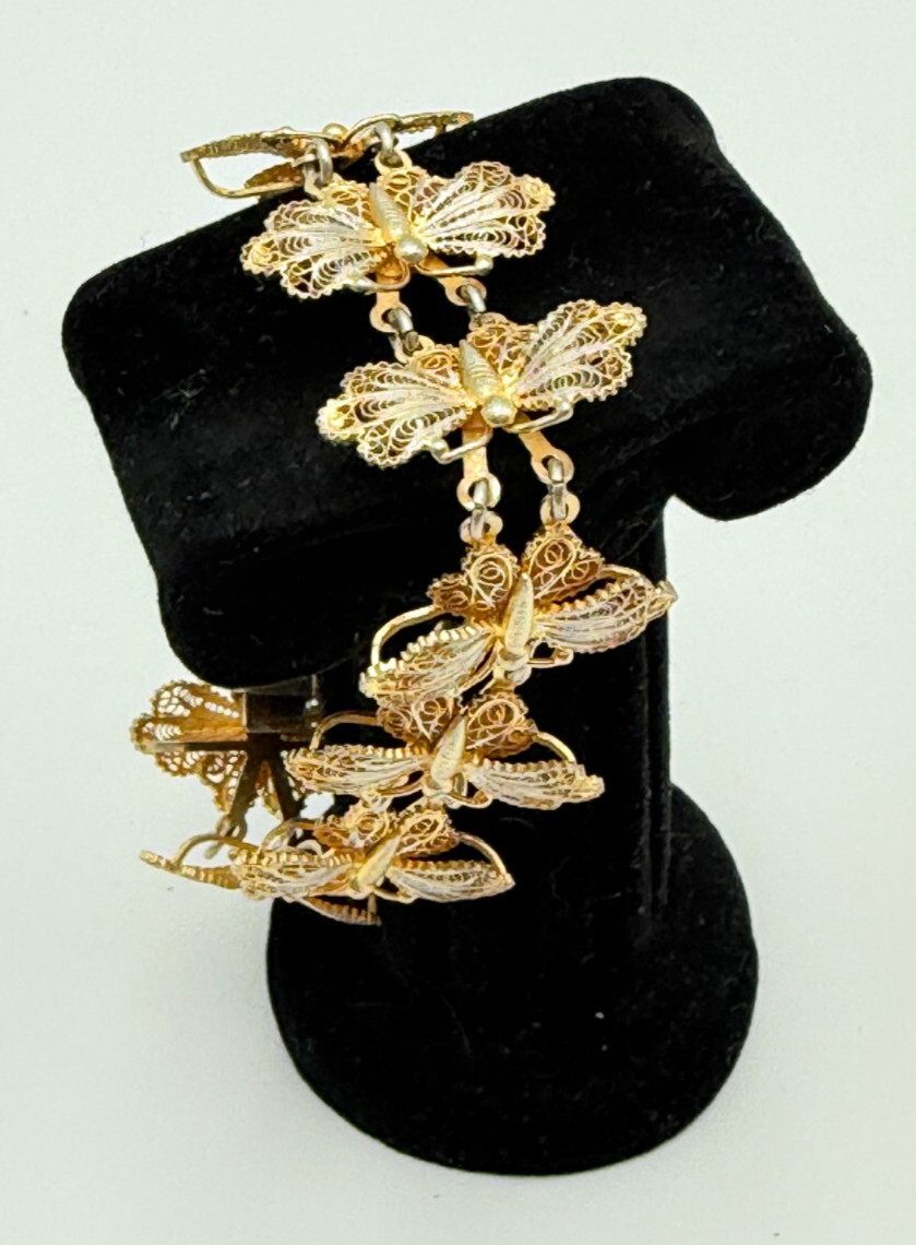 Antique 800 Silver Gold Wash Butterfly Filigree Link Bracelet & Clip On Earrings