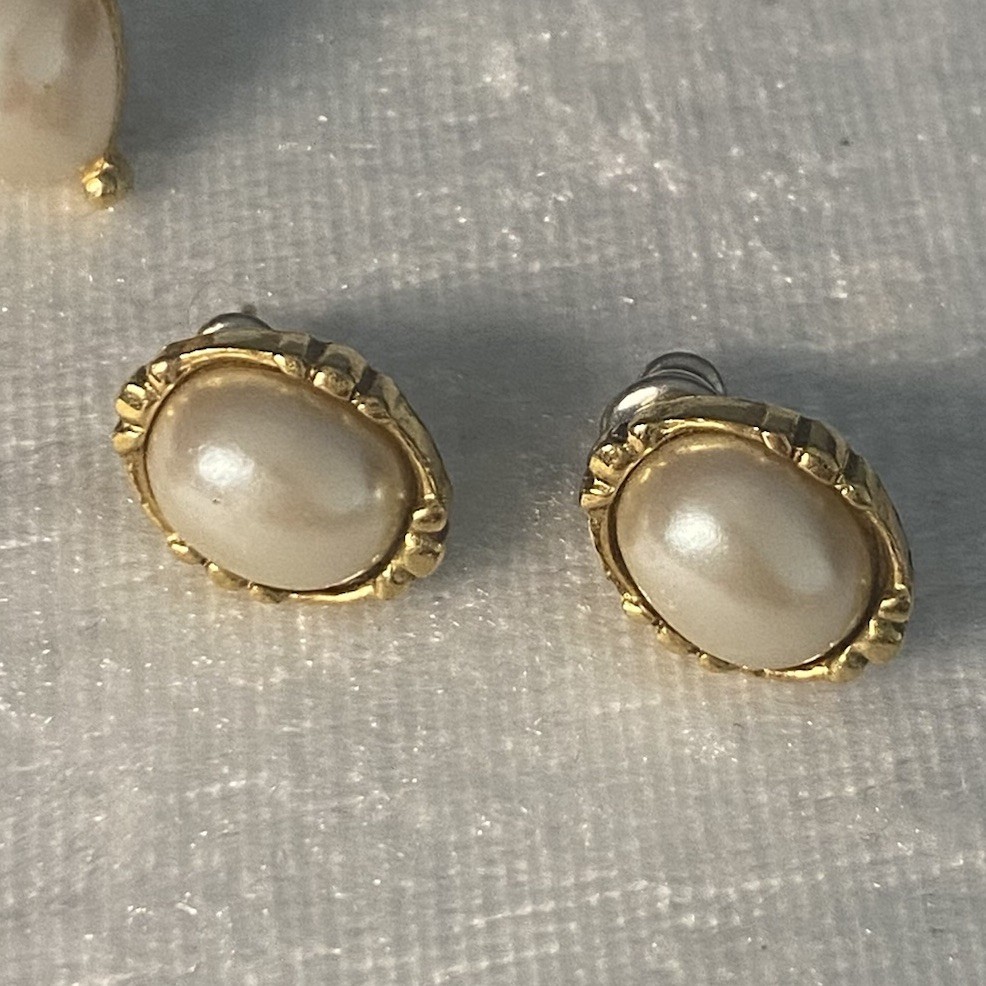 Estate Stud Earrings Faux Pearl Rhinestones Gold Tone Heart Round Oval