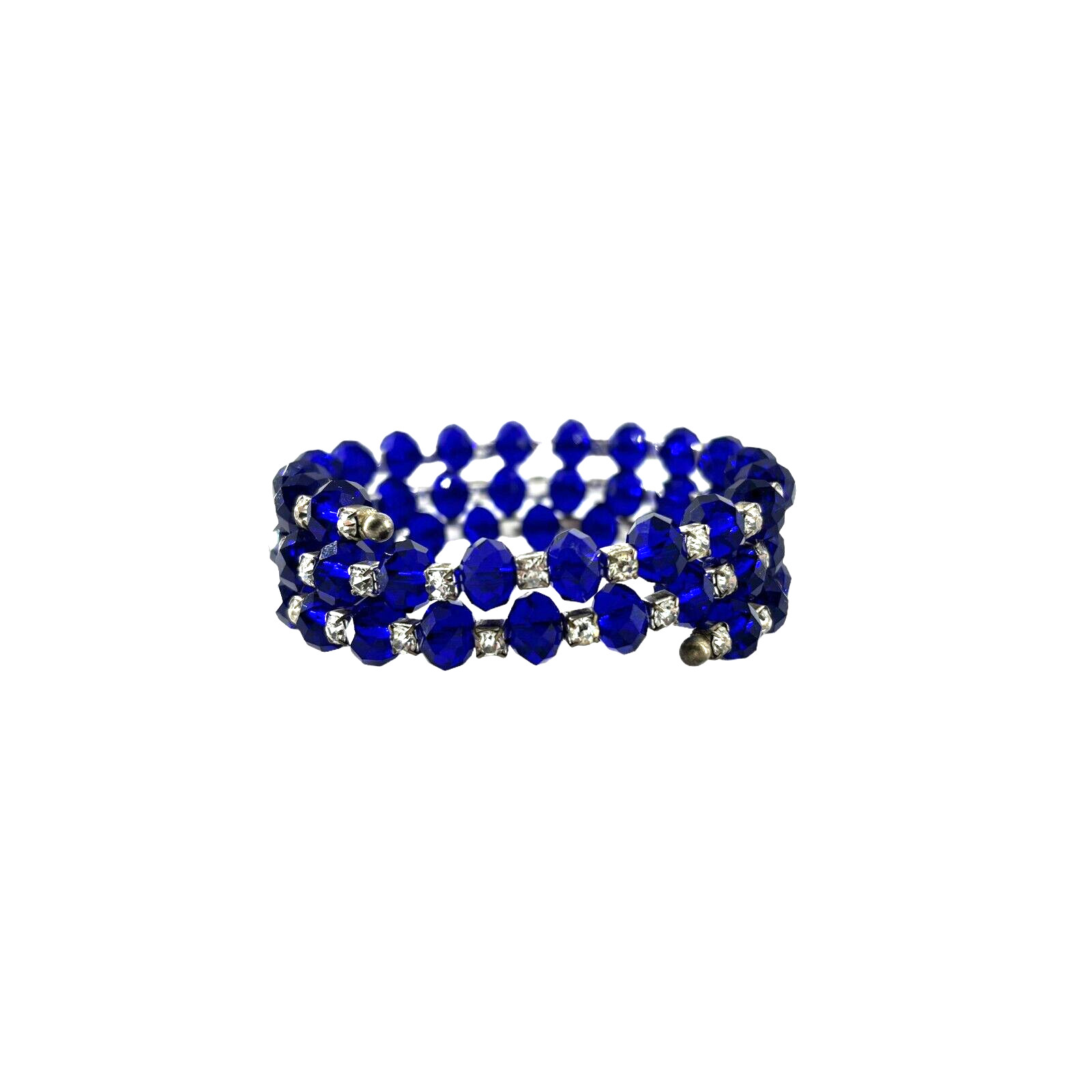 Vintage Multi Strand Crystal Bracelet Blue with Clear Rhinestone Stretch Wrap