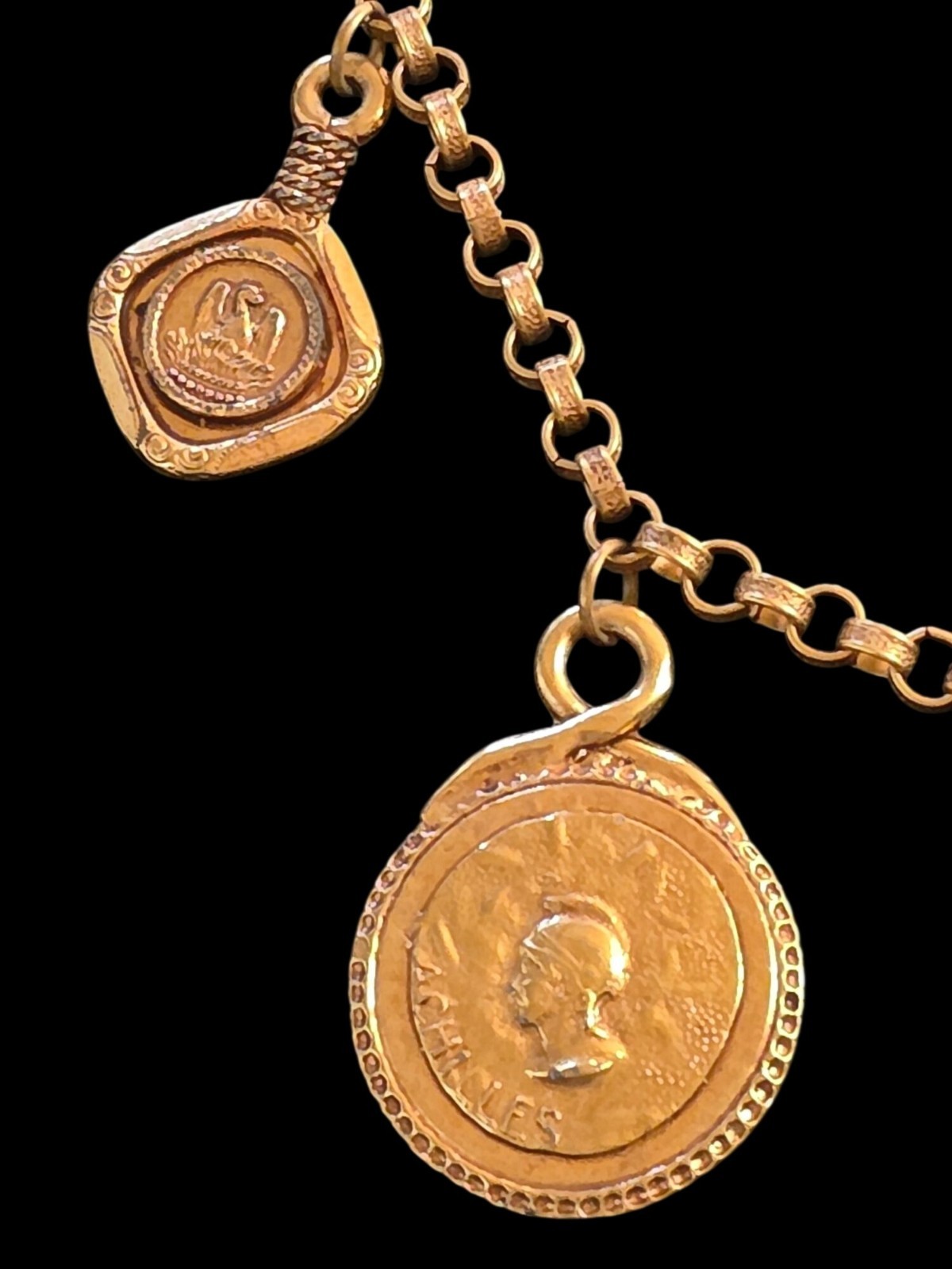 Vintage Statement Capri Greek Mythology Coin Pendants Rolo Chain Link Necklace