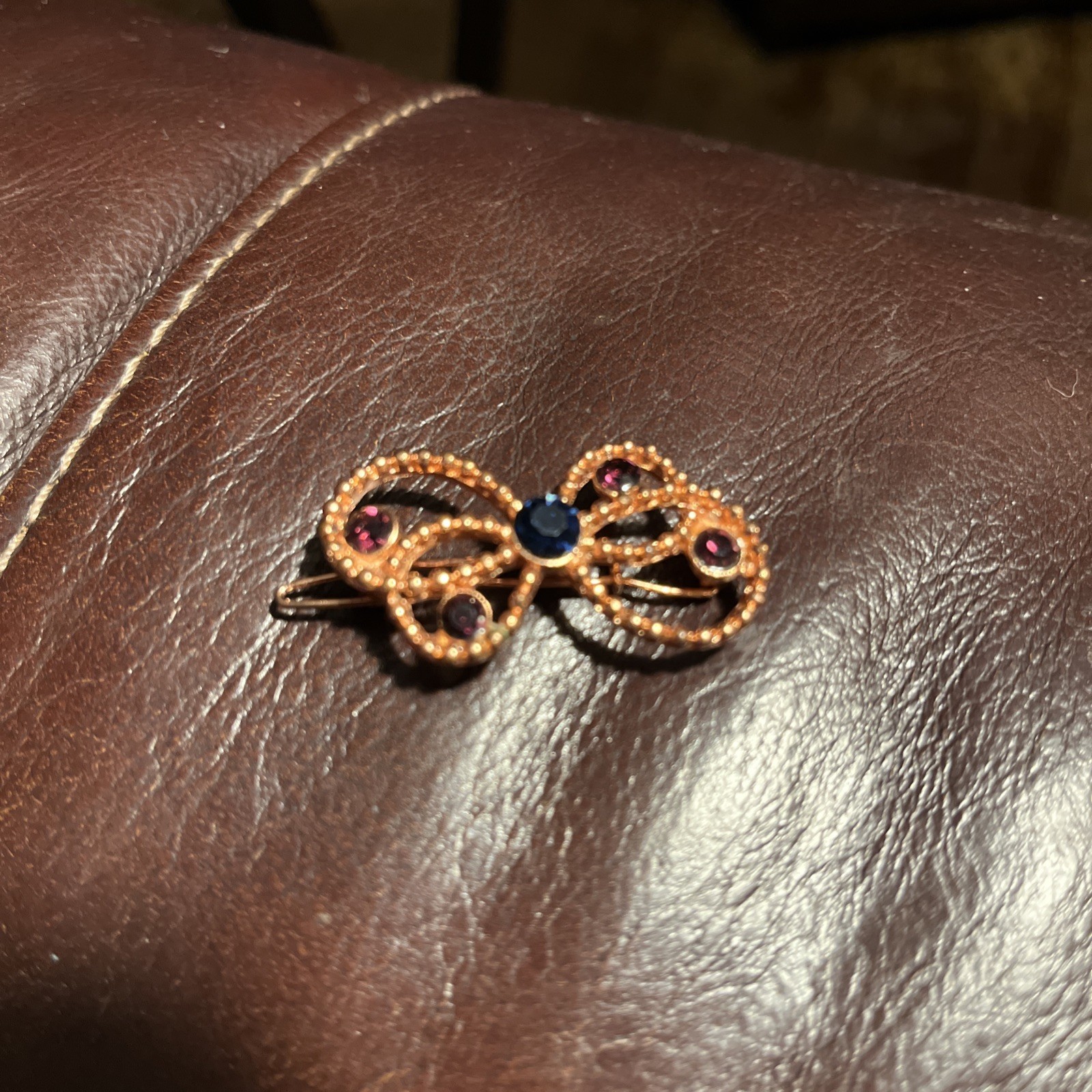 Vintage Rose Gold Toned Bow Pin With Blue And Purple Rhinestones